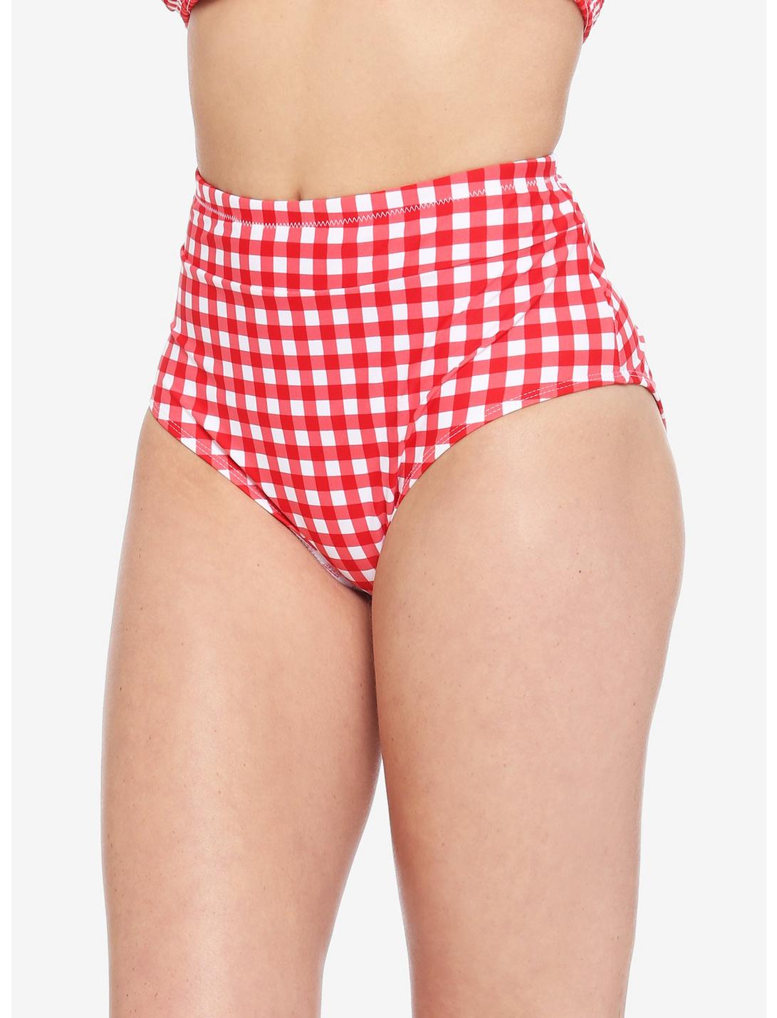 Red & White Gingham High-Waisted Swim Bottoms, RED, hi-res