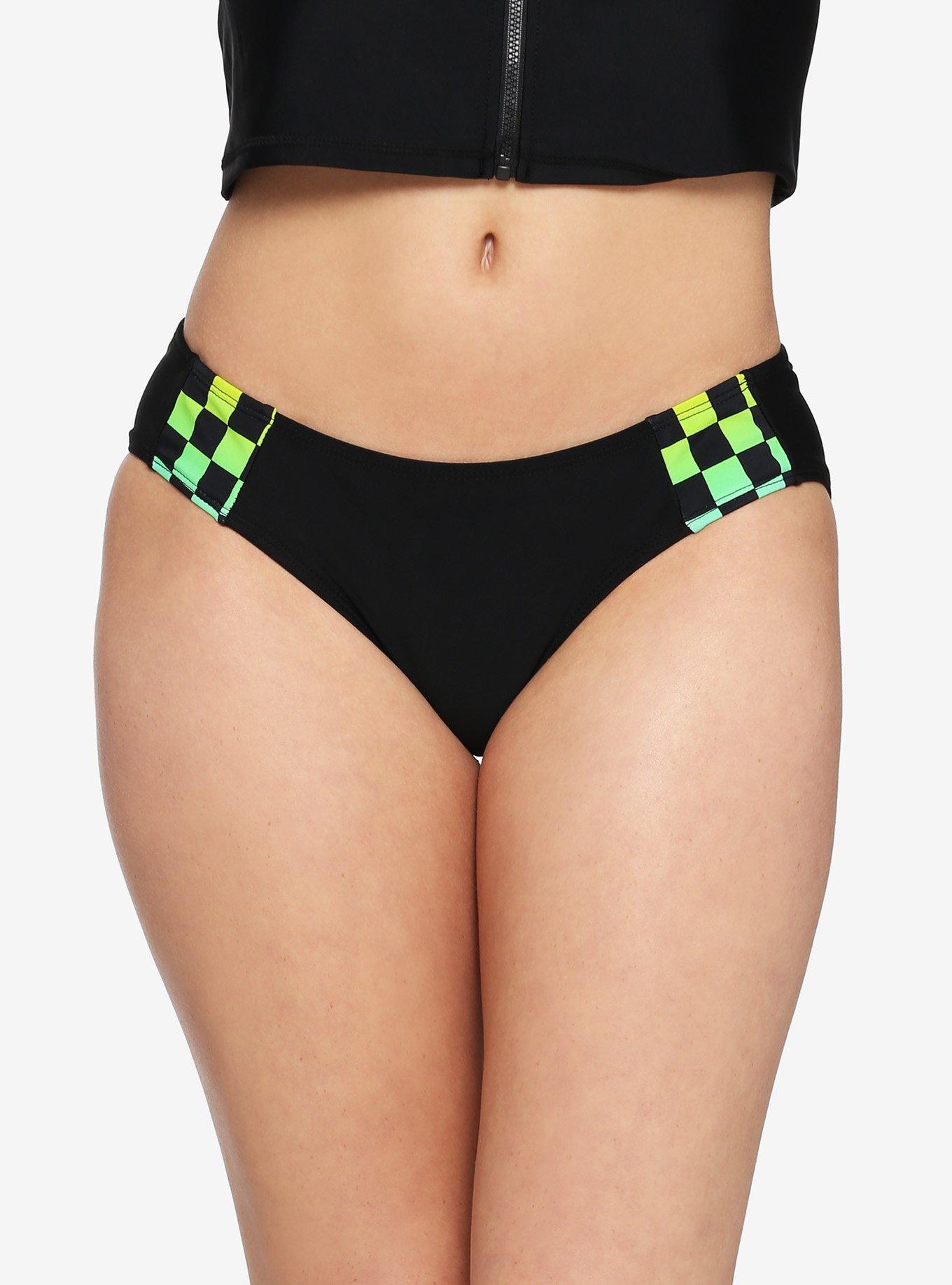 Black Neon Checkered Swim Bottoms, BLACK, hi-res