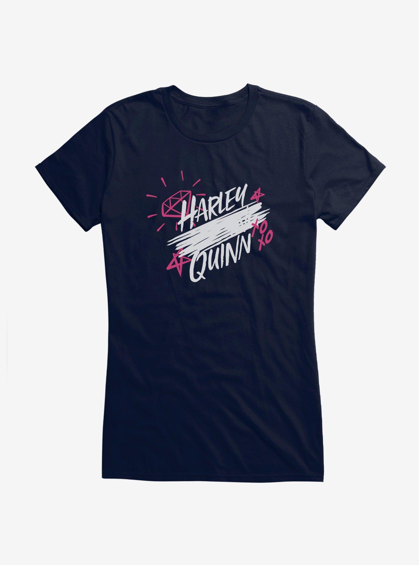 DC Comics Birds Of Prey Harley Quinn Scratched Logo Girls T-Shirt, NAVY, hi-res