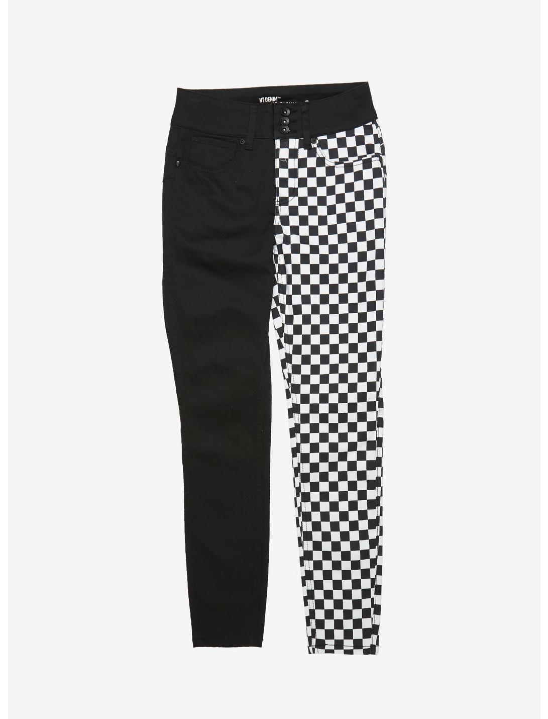 HT Denim Black & White Checkered Split Leg Hi-Rise Super Skinny Jeans Plus Size, MULTI, hi-res