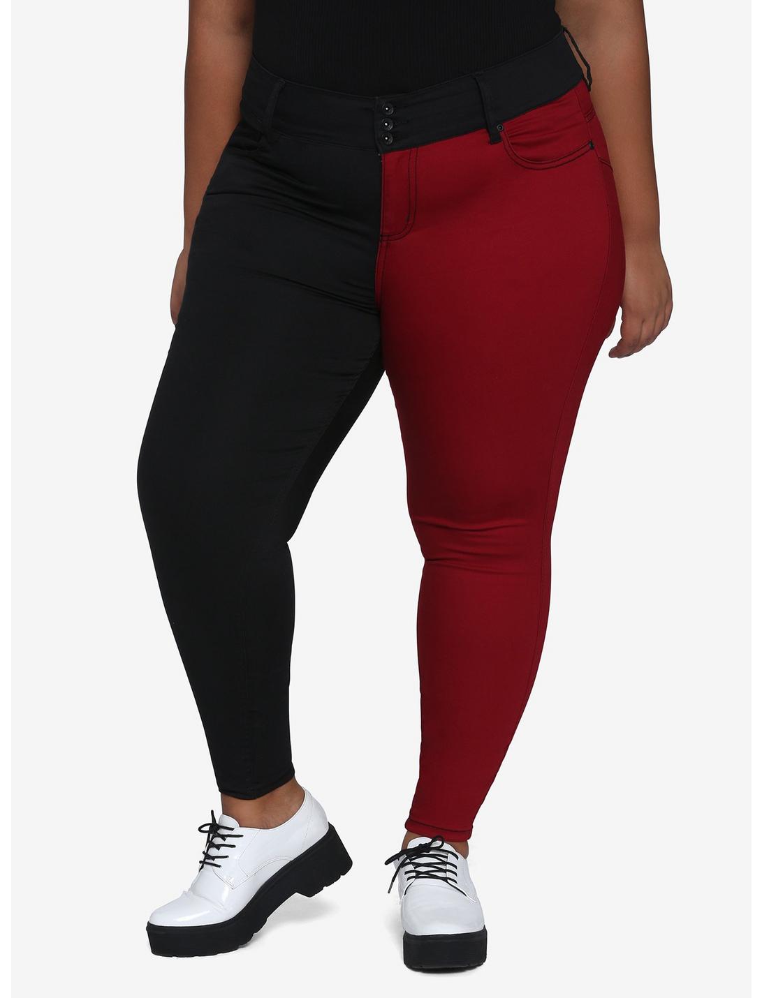 HT Denim Red & Black Split Leg Hi-Rise Super Skinny Jeans Plus Size, MULTI, hi-res