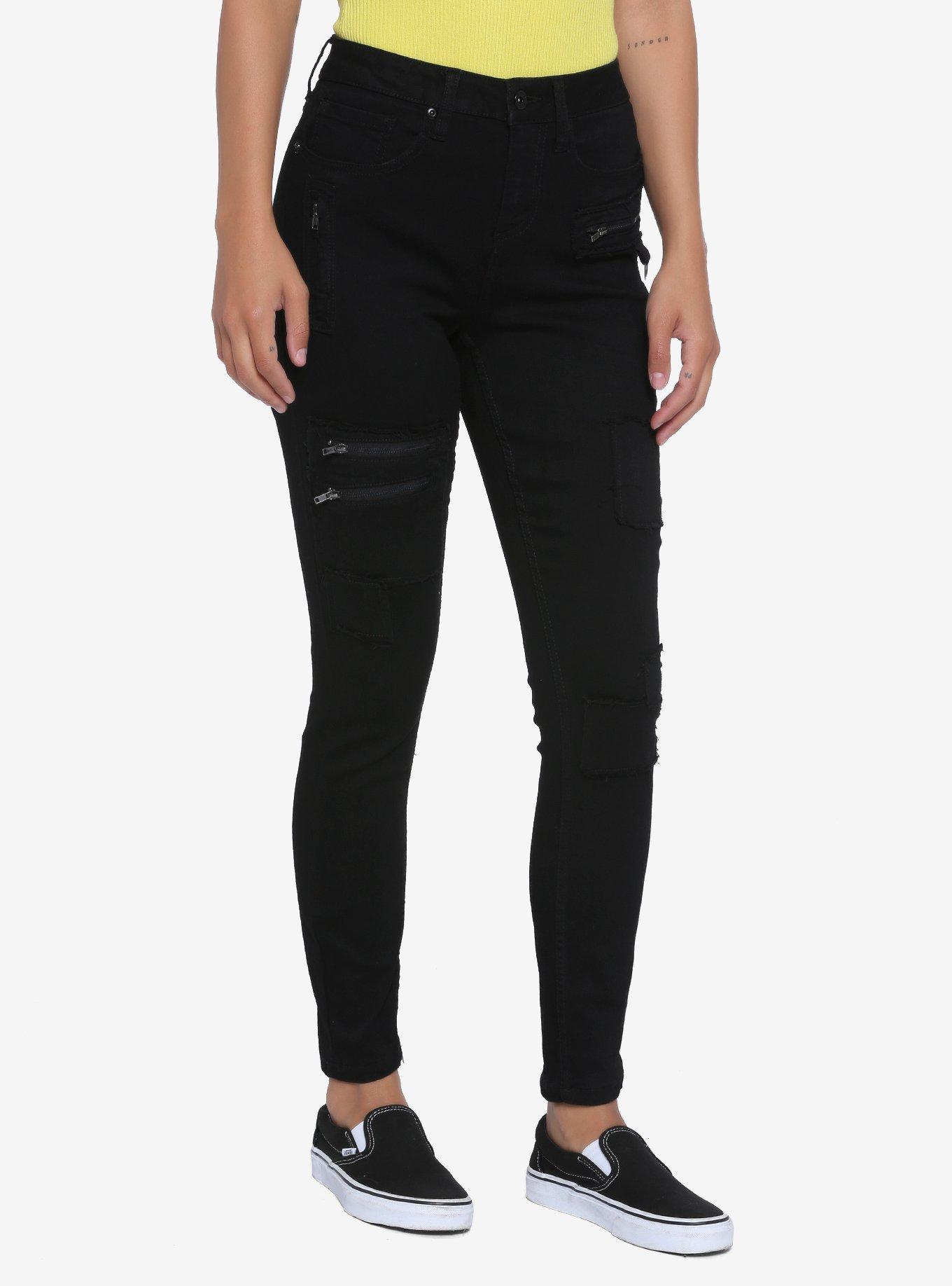 HT Denim Black Patches & Zippers Hi-Rise Super Skinny, BLACK, hi-res