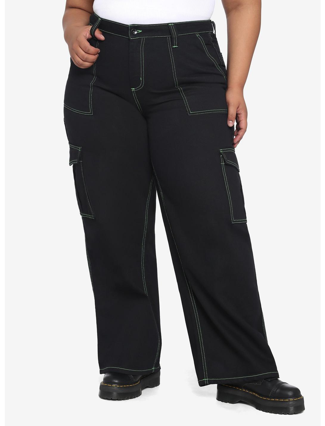 HT Denim Black & Green Stitch Hi-Rise Carpenter Pants Plus Size, BLACK, hi-res