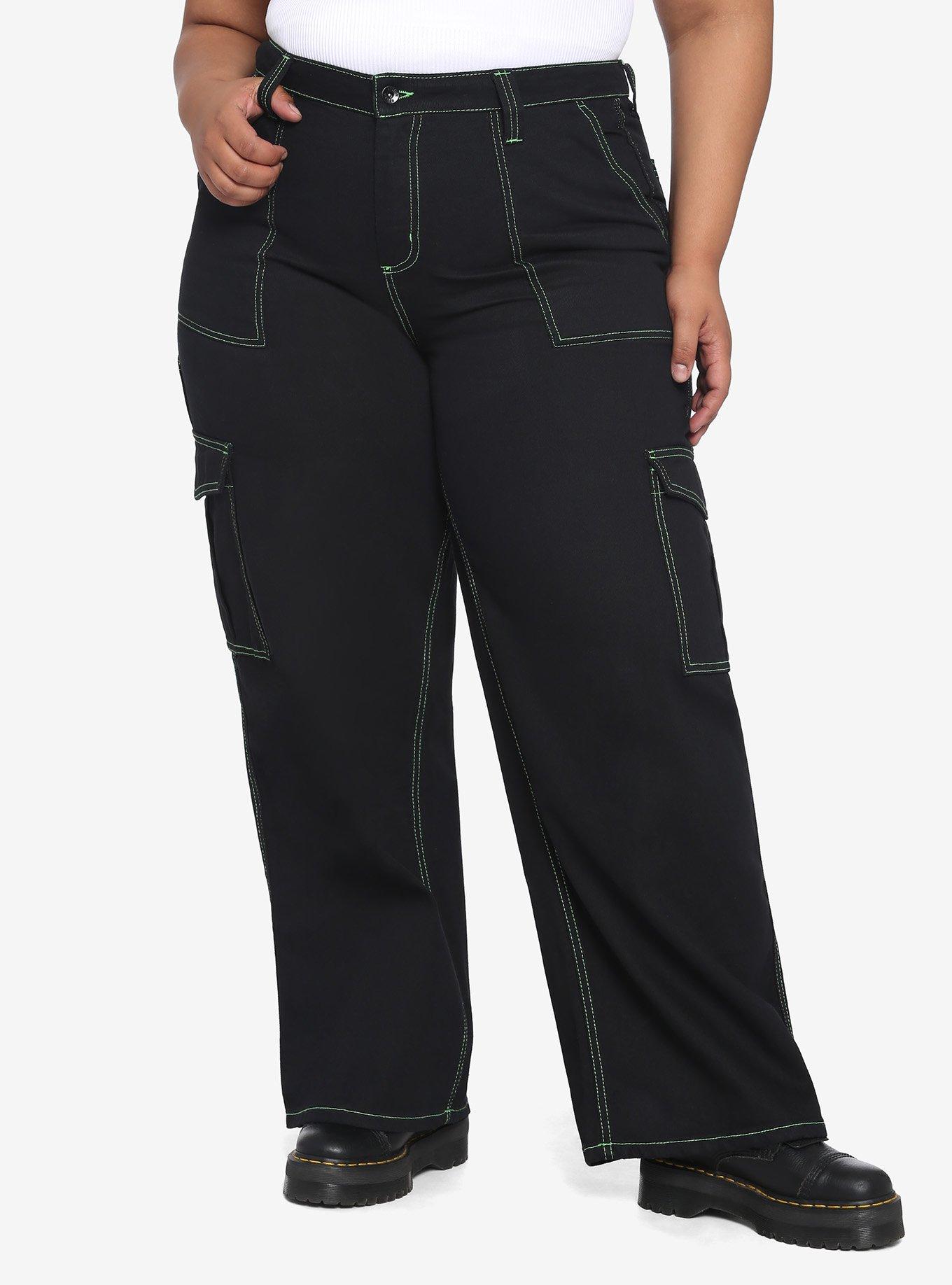 HT Denim Black & Green Stitch Hi-Rise Carpenter Pants Plus Size