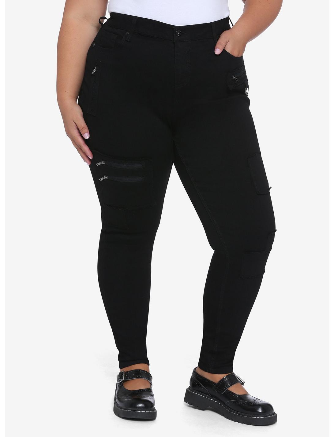 HT Denim Black Patches & Zippers Hi-Rise Super Skinny Plus Size, BLACK, hi-res