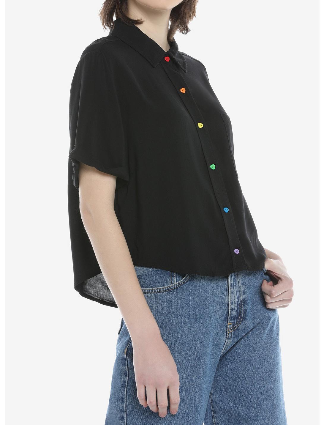 Rainbow Heart Buttons Girls Crop Woven Button-Up, BLACK, hi-res