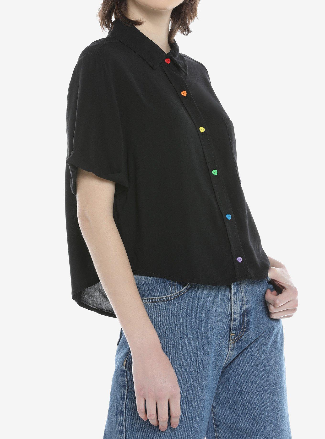 Rainbow Heart Buttons Girls Crop Woven Button-Up, BLACK, hi-res