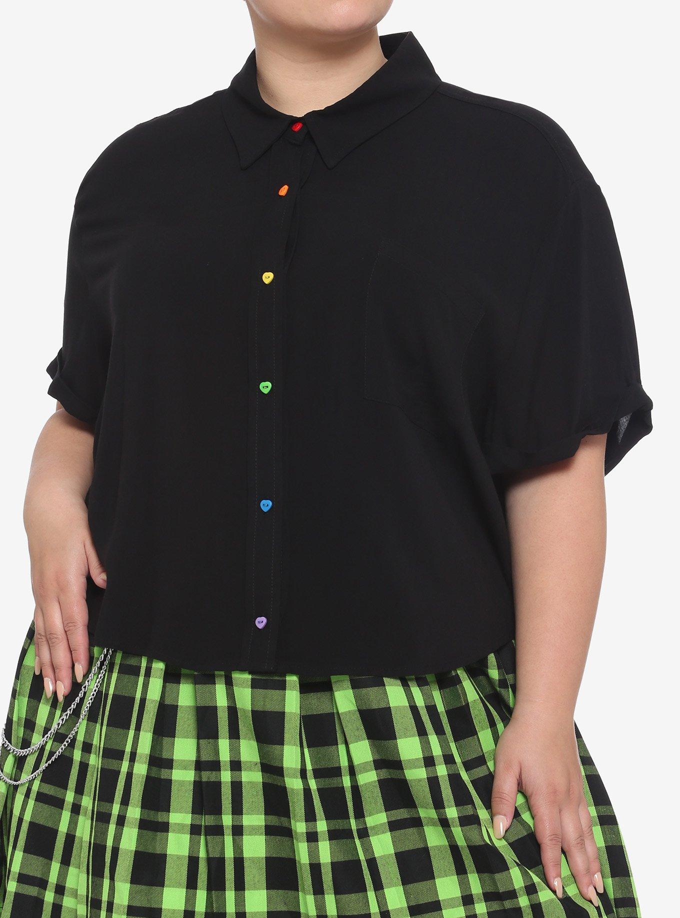 Rainbow Heart Buttons Girls Crop Woven Button-Up Plus Size, BLACK, hi-res
