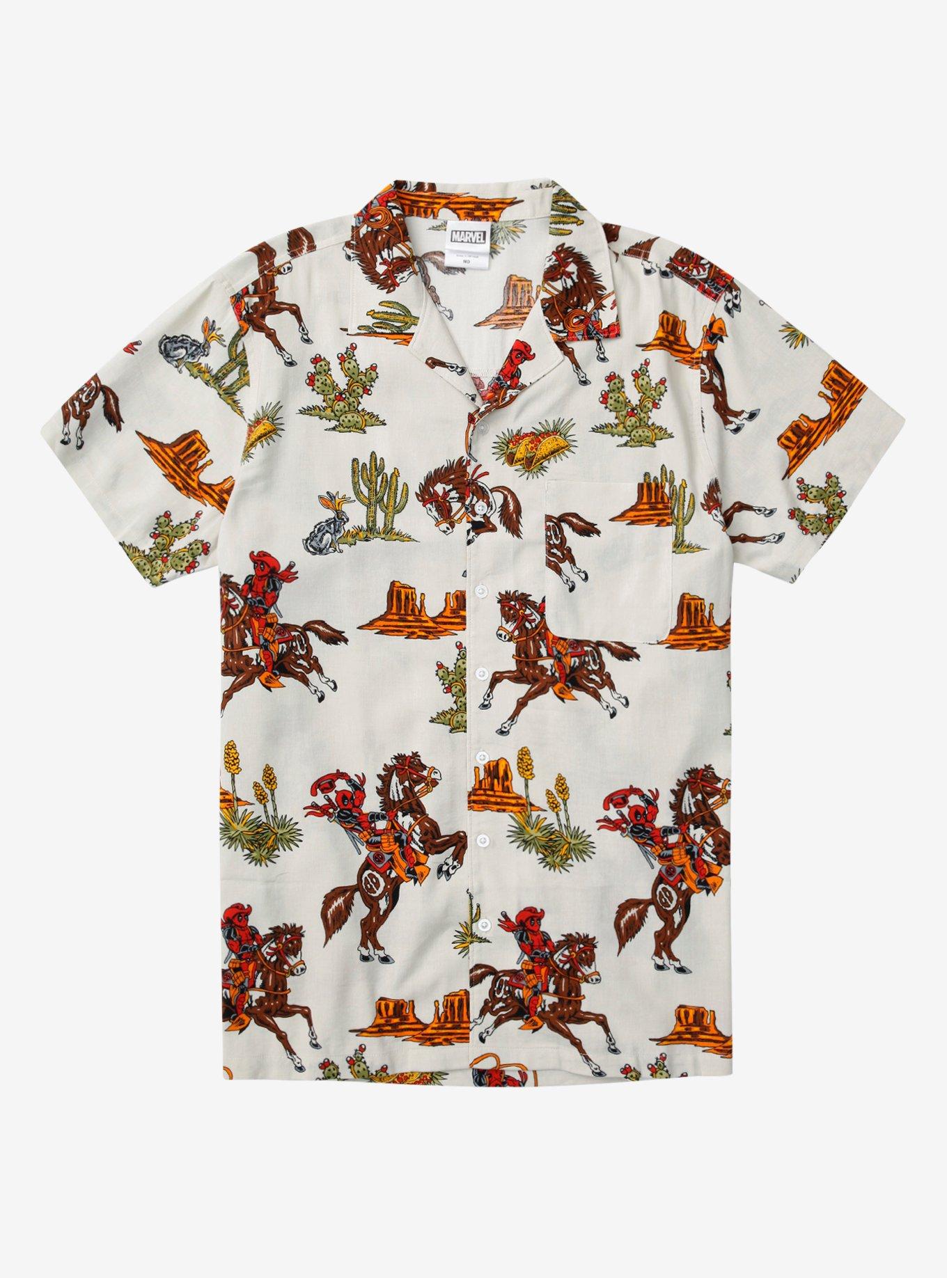 Marvel Deadpool Cowboy Allover Print Woven Button-Up - BoxLunch Exclusive, TAN/BEIGE, hi-res
