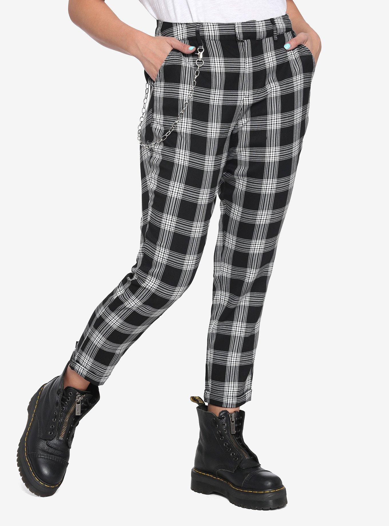 Black & White Plaid Pants With Detachable Chain