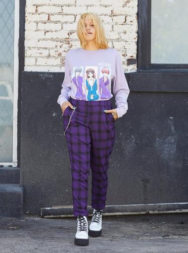 Purple Plaid Pants With Detachable Chain