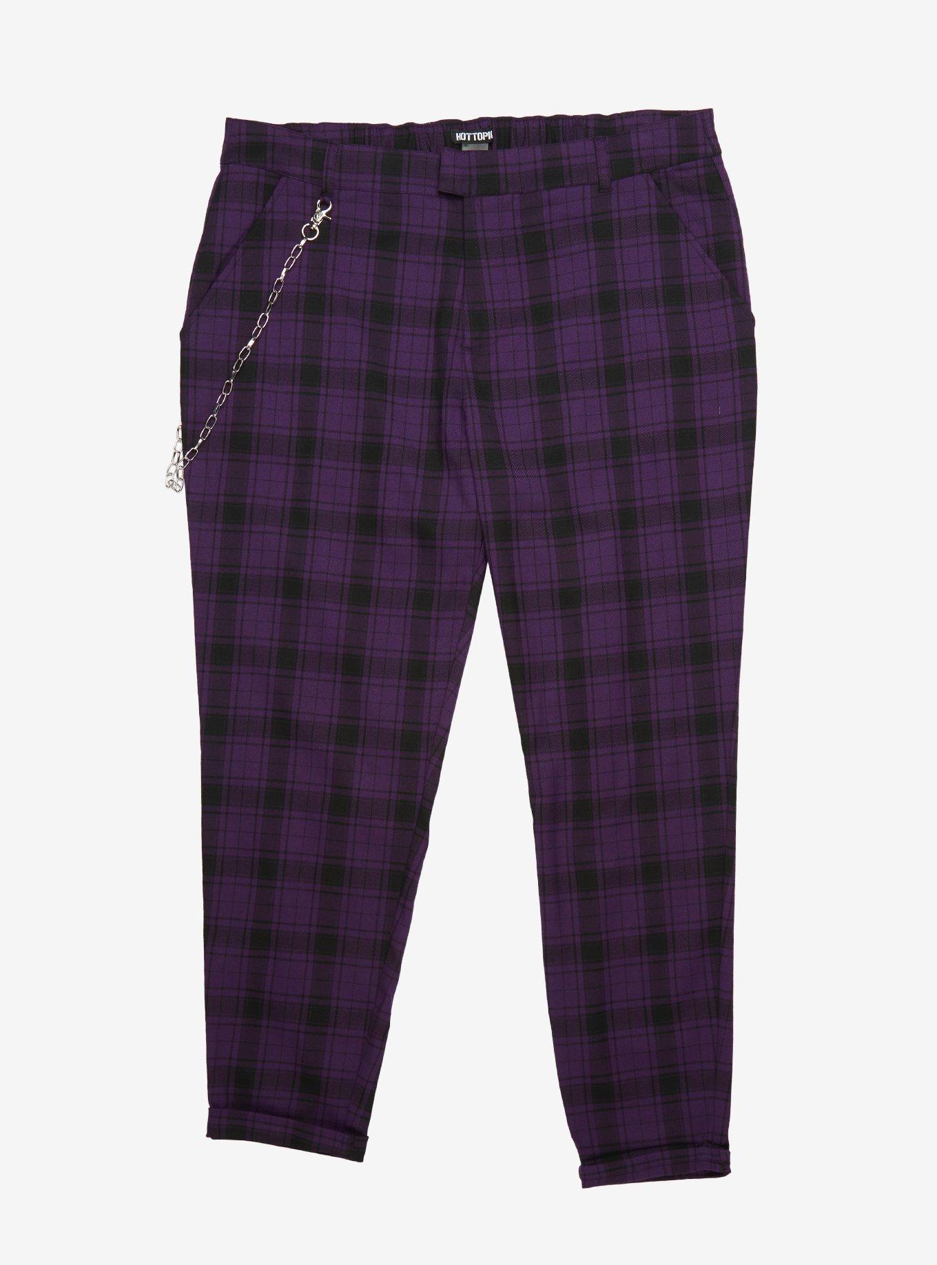 Purple Plaid Pants With Detachable Chain Plus Size, PLAID - PURPLE, hi-res