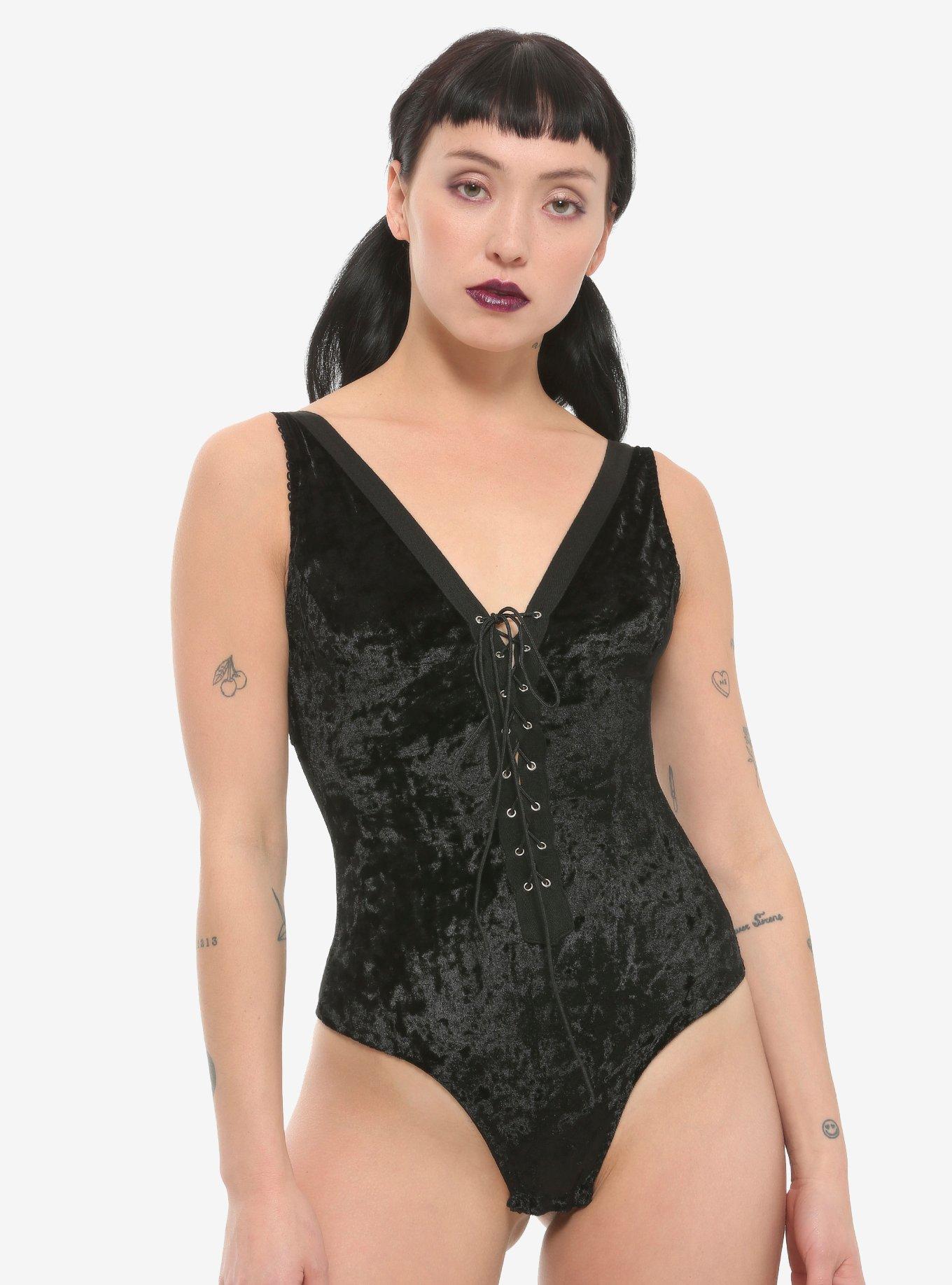 Black Velvet Lace-Up Bodysuit, BLACK, hi-res