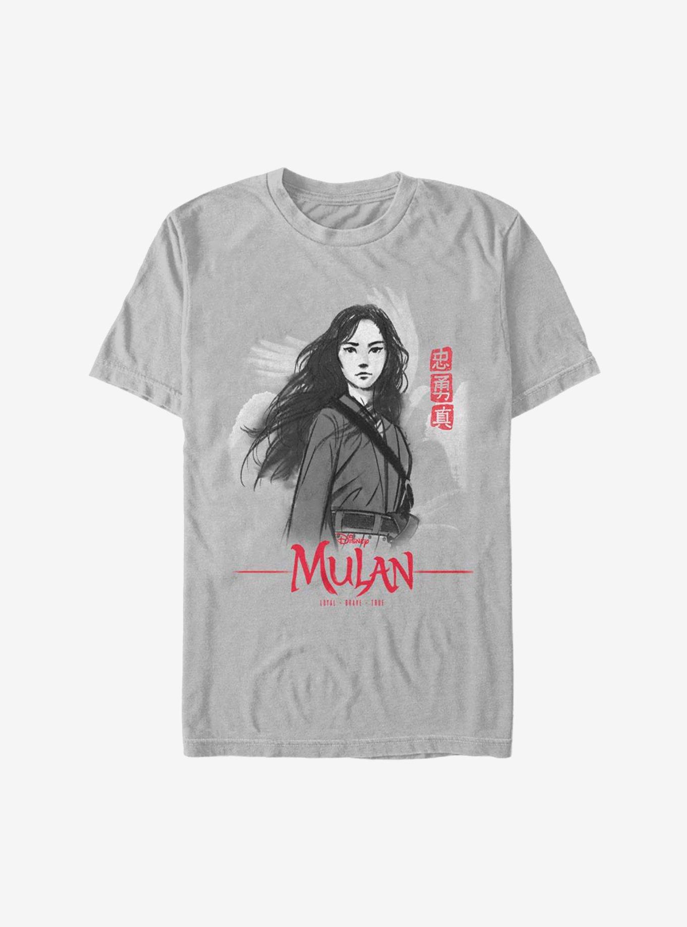 Disney Mulan Live Action Loyal Brave True Charcoal Sketch T-Shirt, SILVER, hi-res