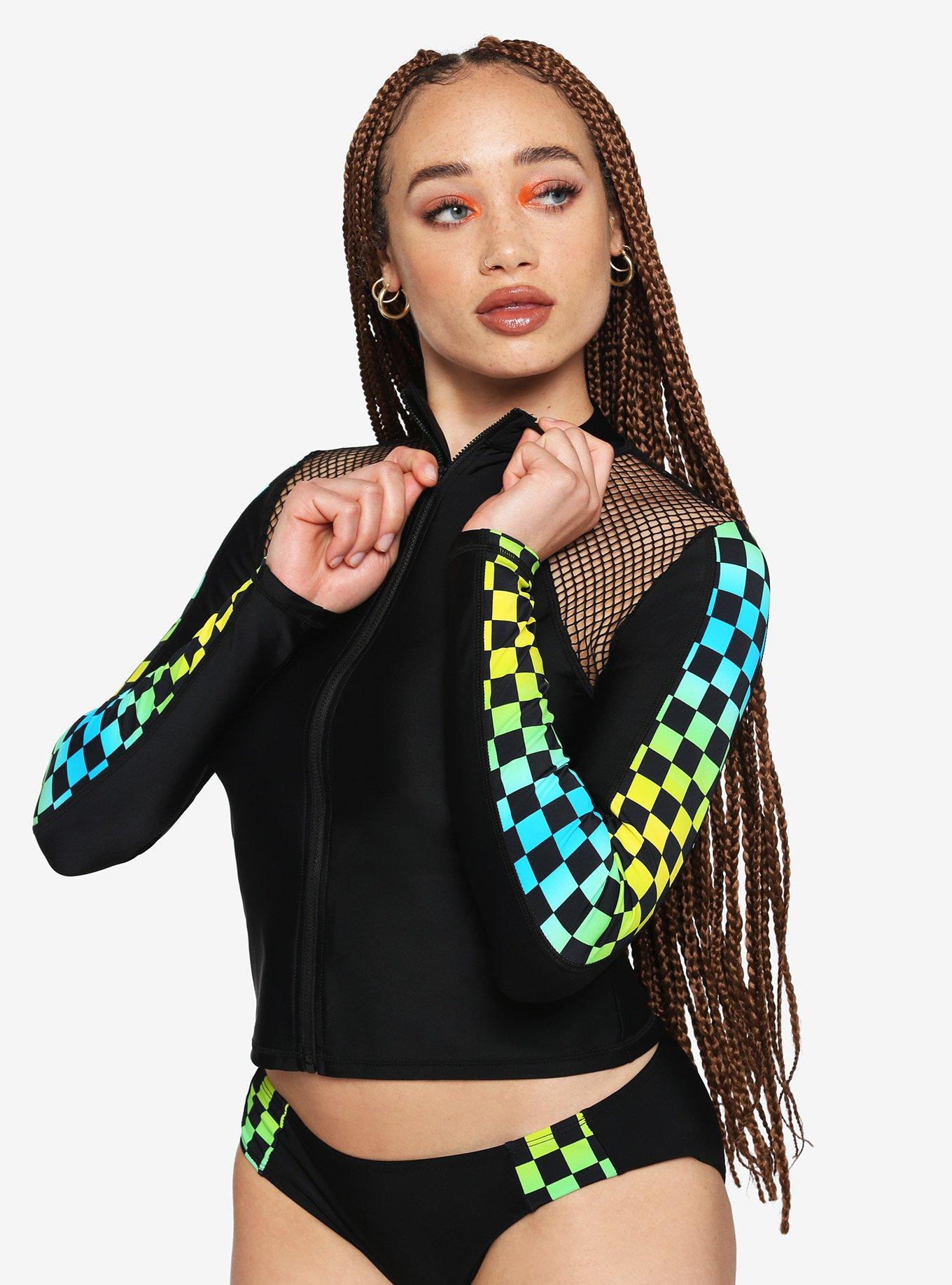 Black Neon Checkered Fishnet Zip-Up Girls Rash Guard, BLACK, hi-res