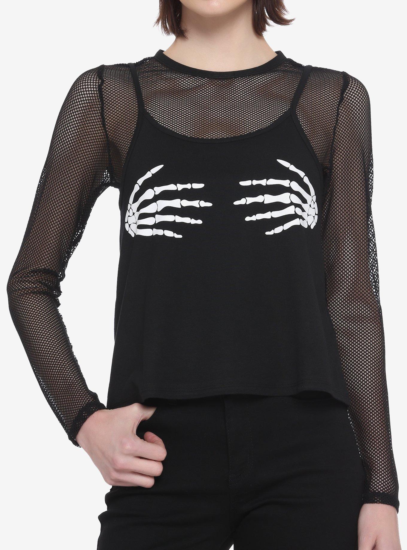 Skeleton Hands Fishnet Girls Long-Sleeve Top