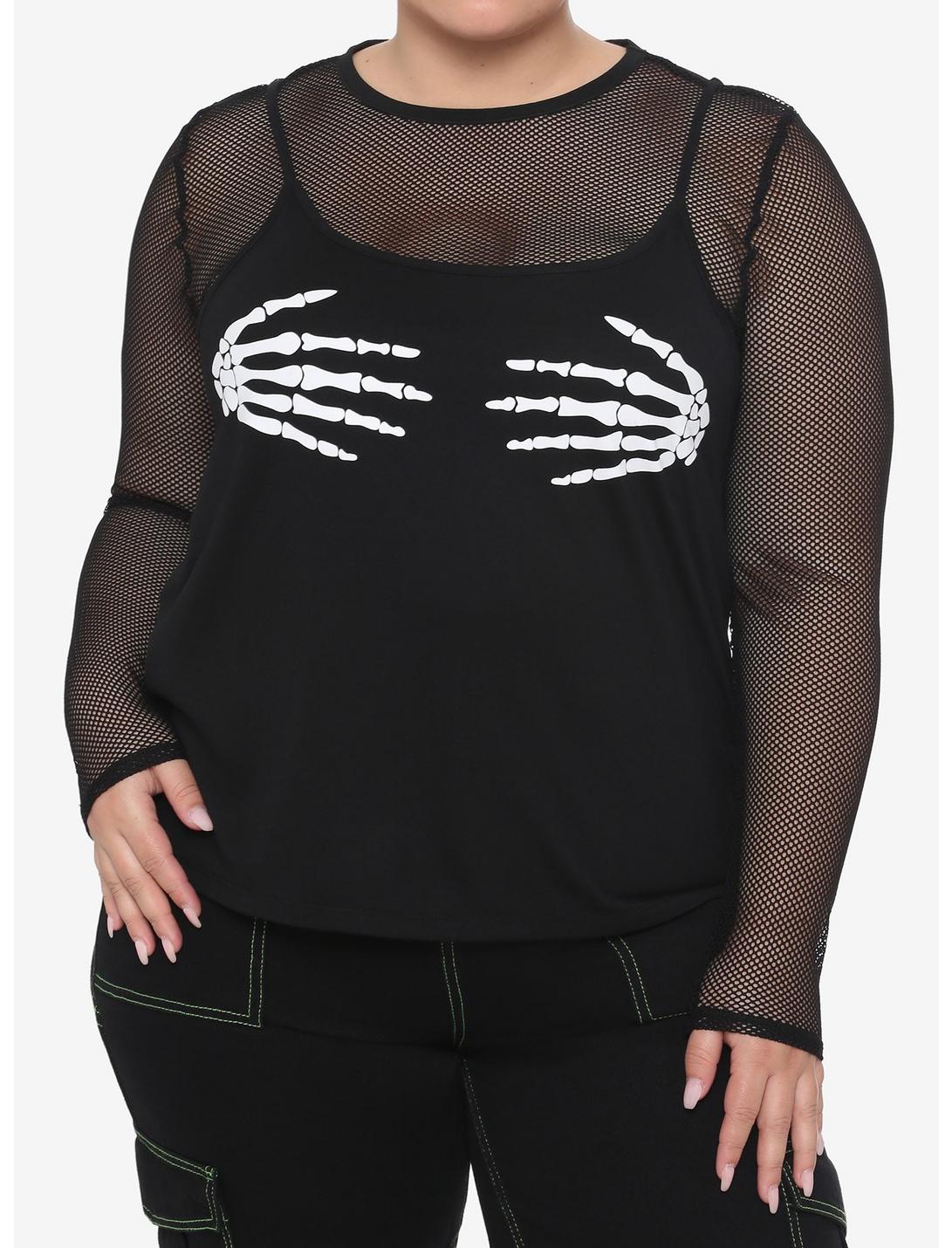 Skeleton Hands Fishnet Girls Long-Sleeve Top Plus Size, BLACK, hi-res