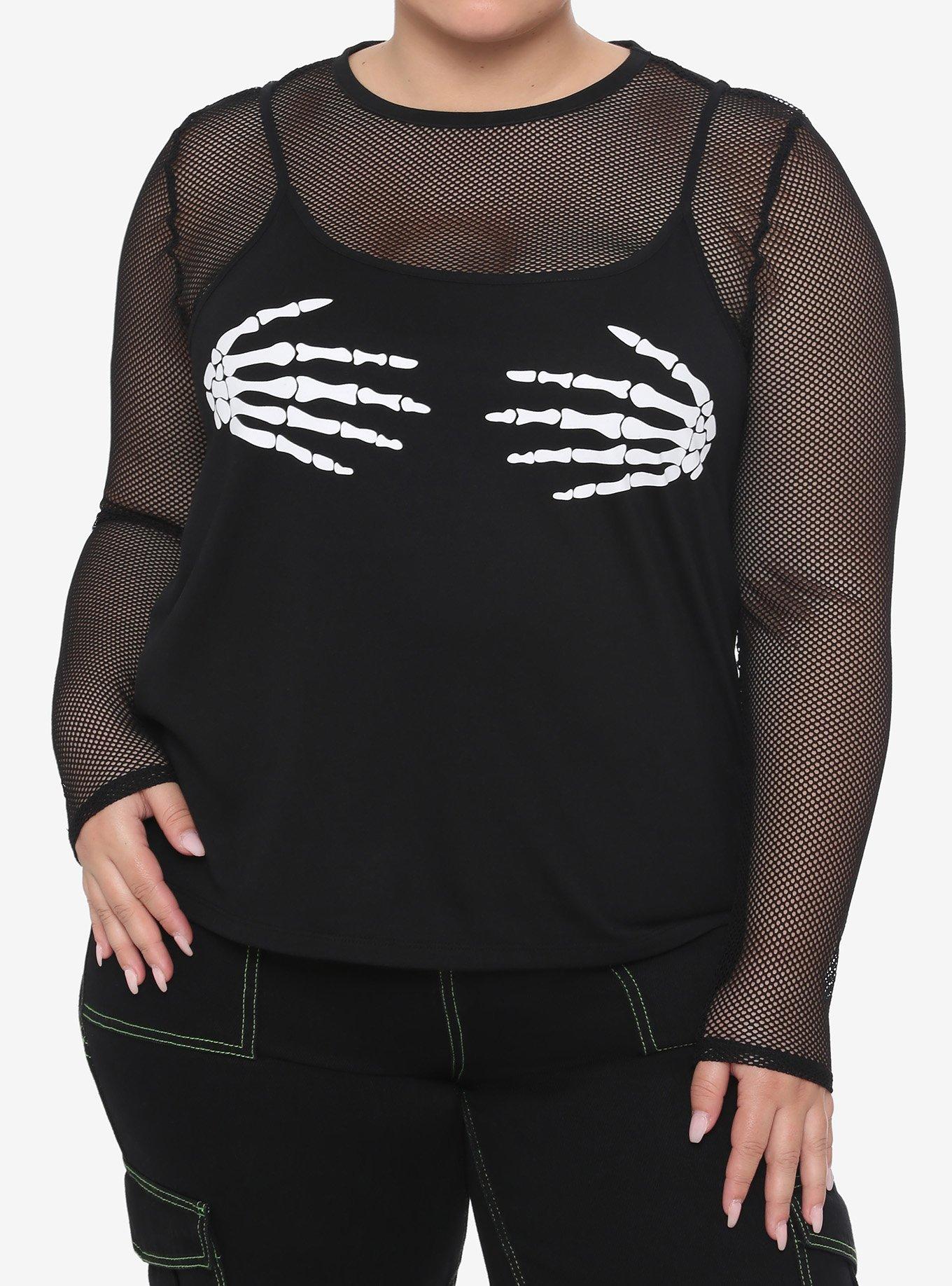 Skeleton Hands Fishnet Girls Long-Sleeve Top Plus Size, BLACK, hi-res