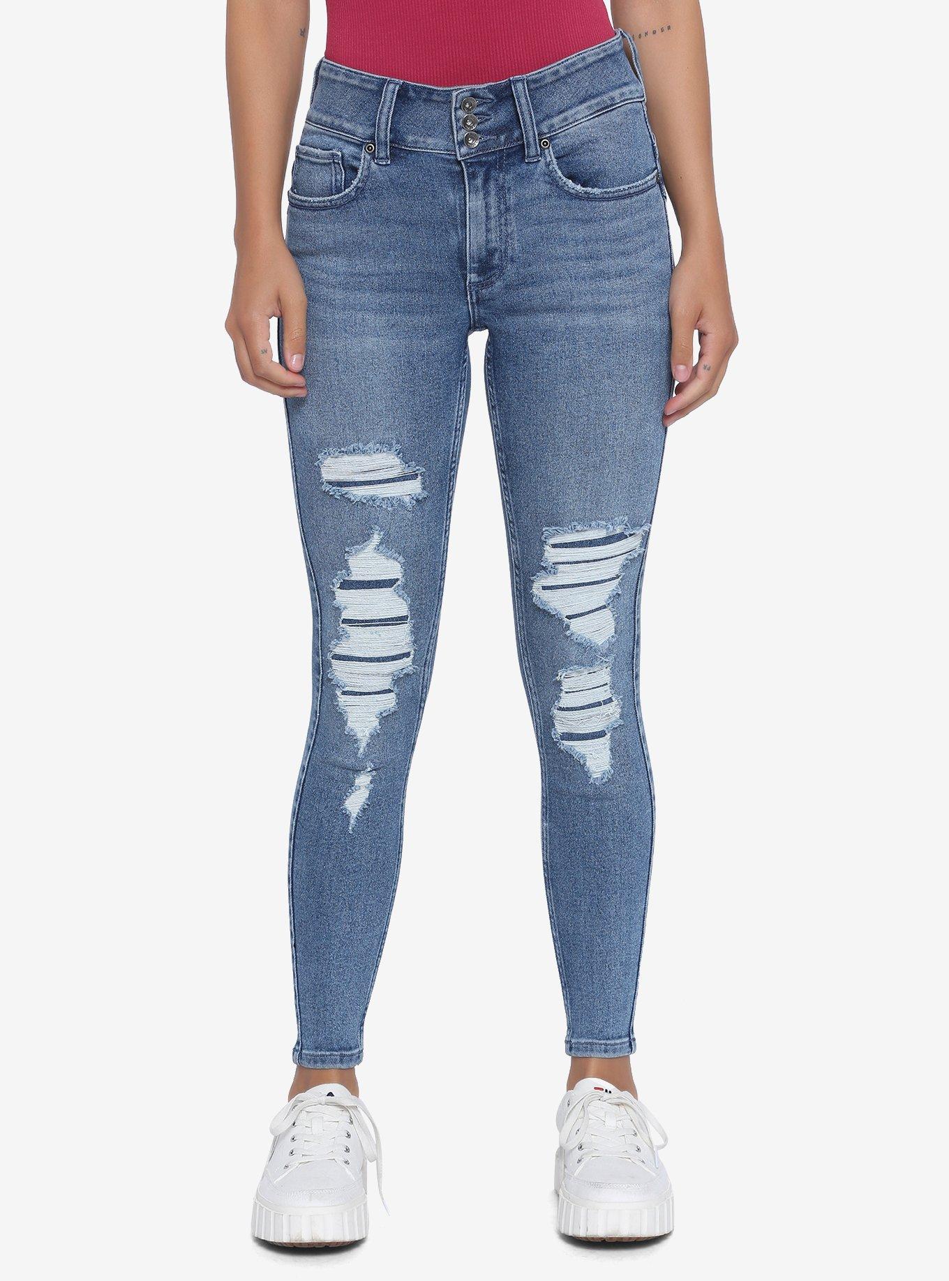 HT Denim Ripped & Repaired Hi-Rise Super Skinny Jeans, INDIGO, hi-res