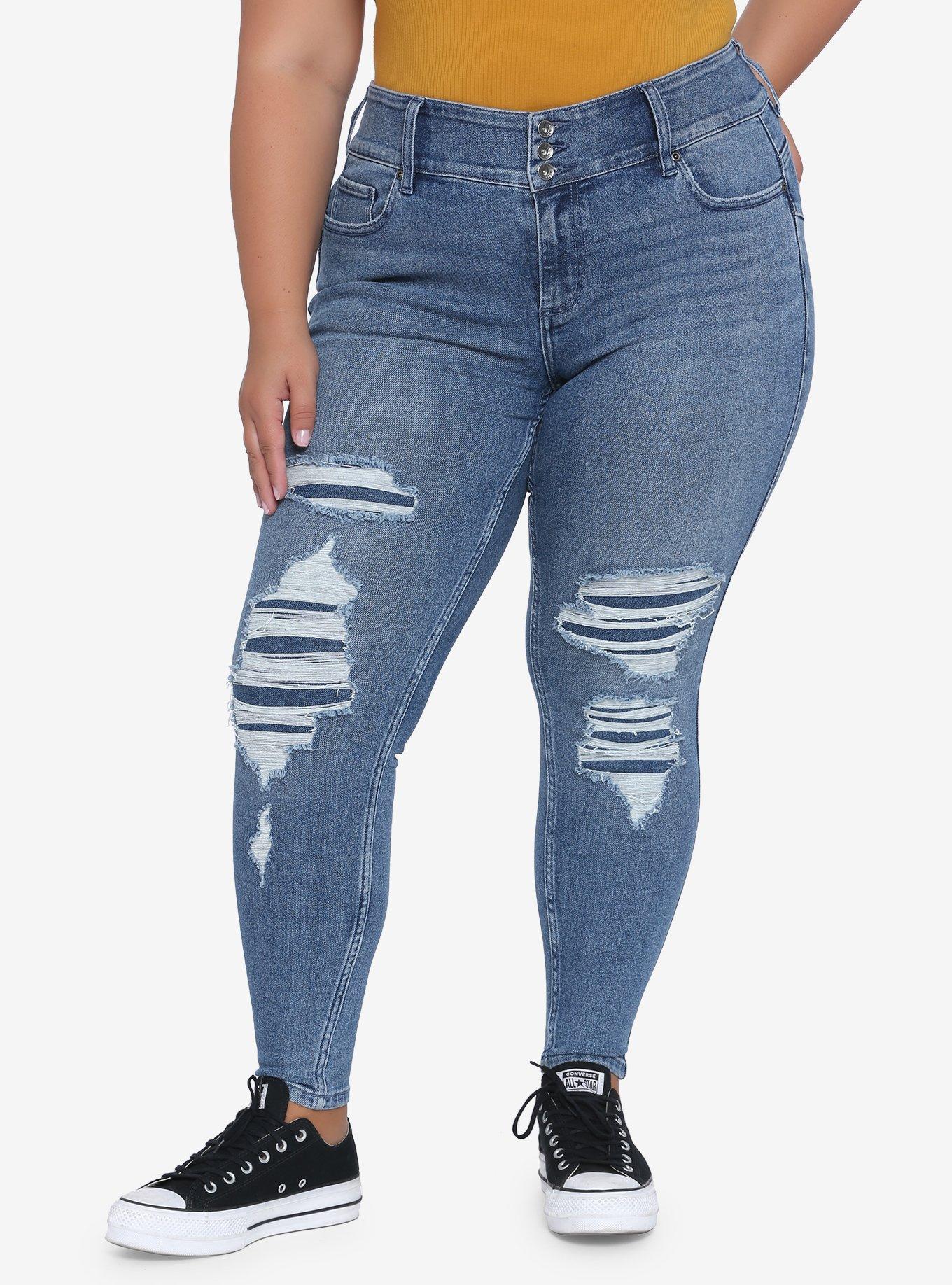 HT Denim Ripped & Repaired Hi-Rise Super Skinny Jeans Plus Size, INDIGO, hi-res