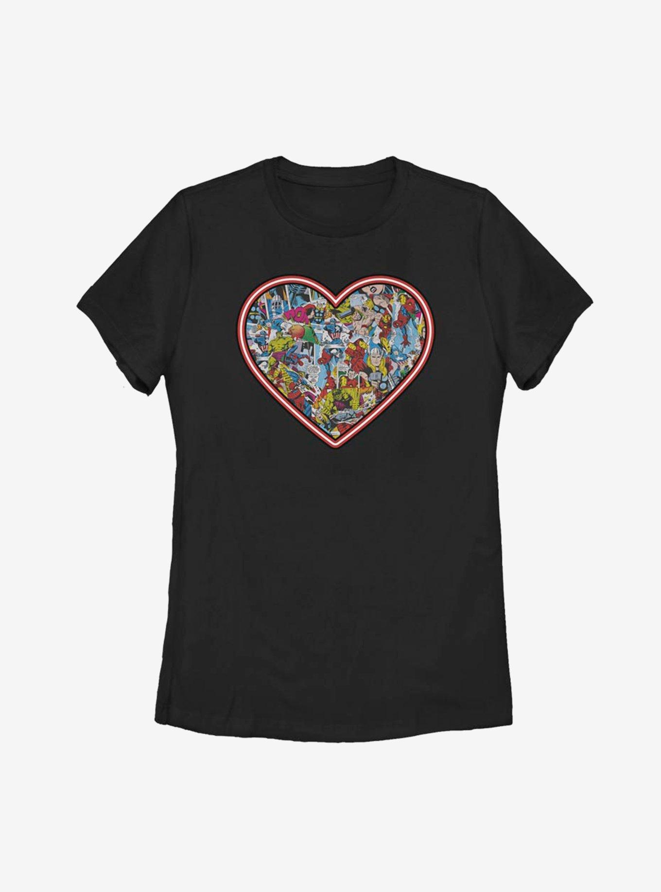 Marvel Avengers Marvel Comic Heart Womens T-Shirt - BLACK | BoxLunch