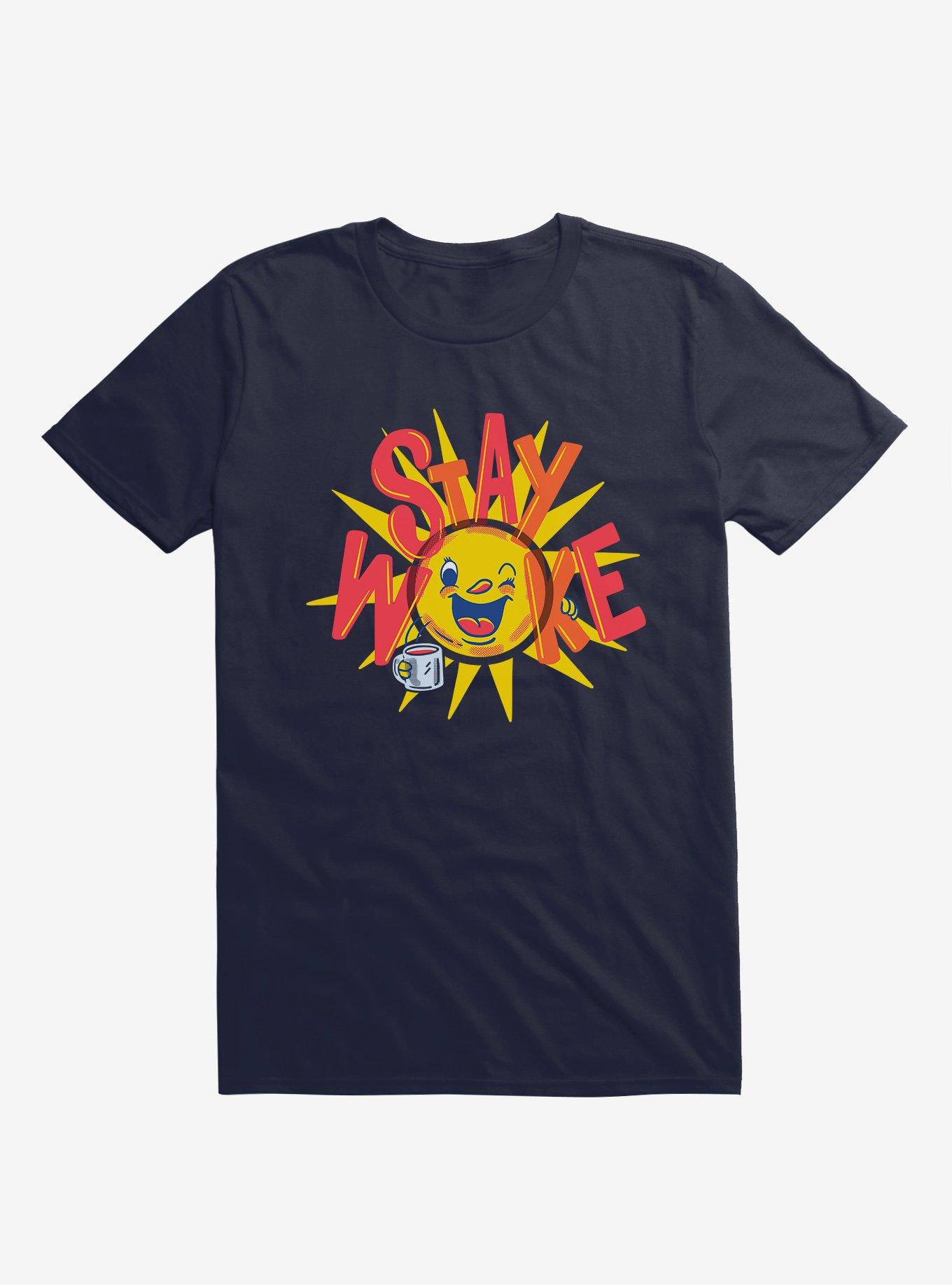 Stay Woke Sun And Coffee Navy Blue T-Shirt, , hi-res