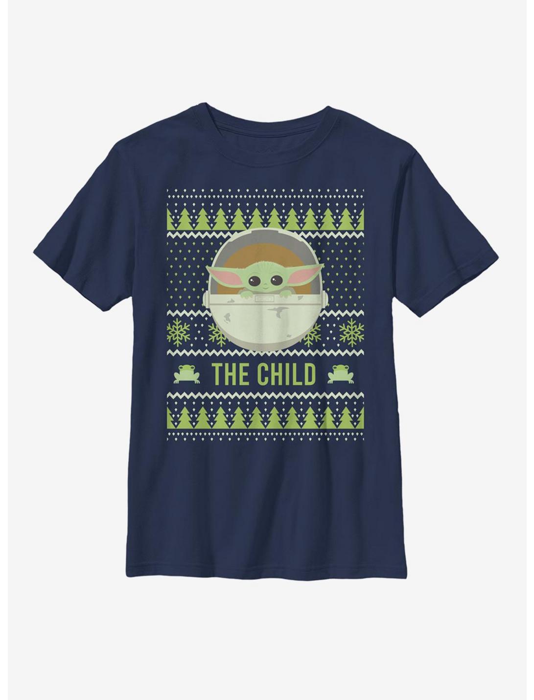 Star Wars The Mandalorian The Child Cute Holiday Pattern Youth T-Shirt, NAVY, hi-res