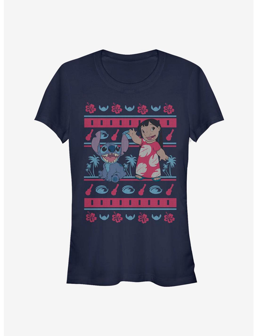 Disney Lilo & Stitch Christmas Hawaiian Pattern Girls T-Shirt, NAVY, hi-res