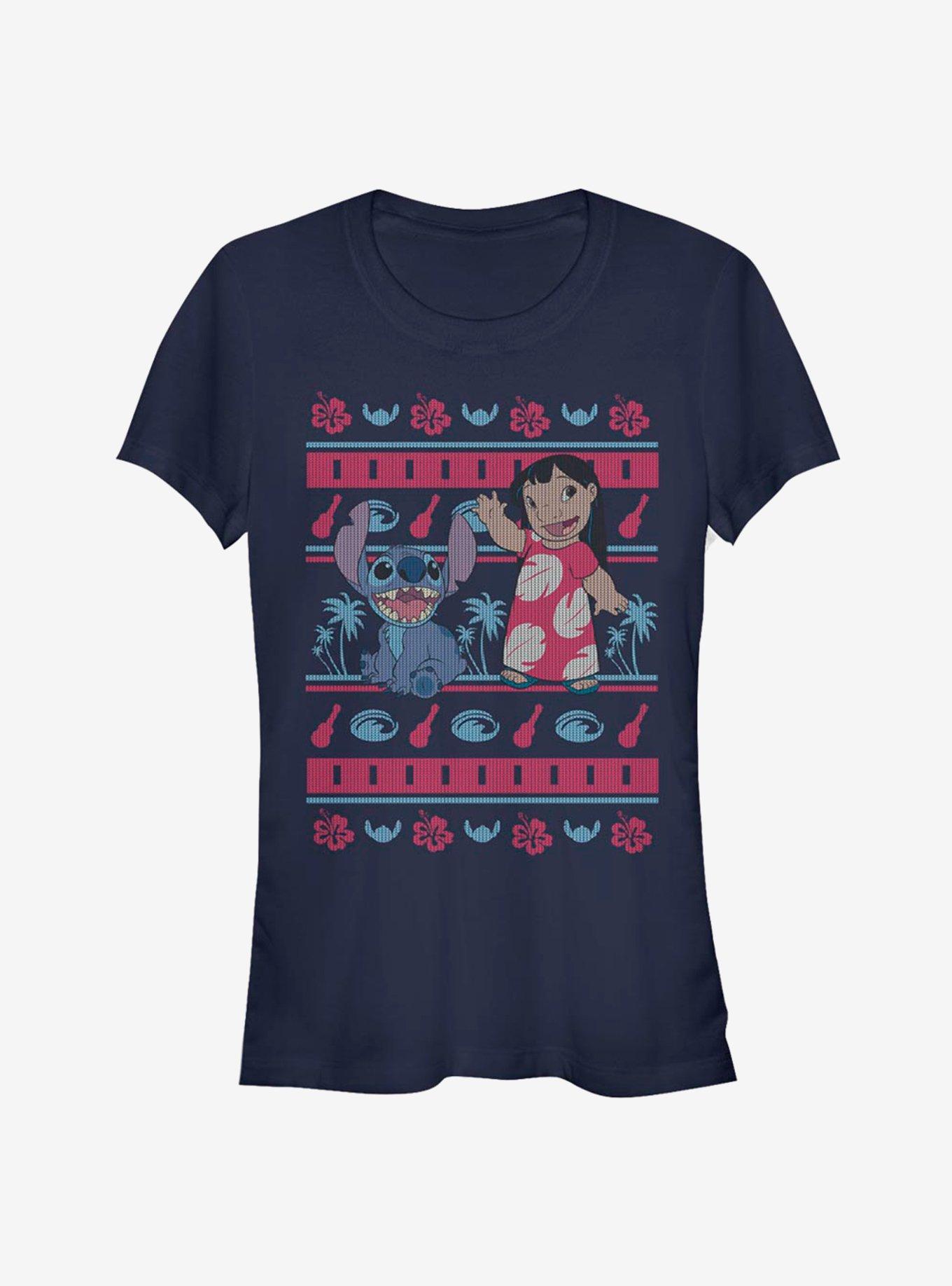 Disney Lilo & Stitch Christmas Hawaiian Pattern Girls T-Shirt, NAVY, hi-res