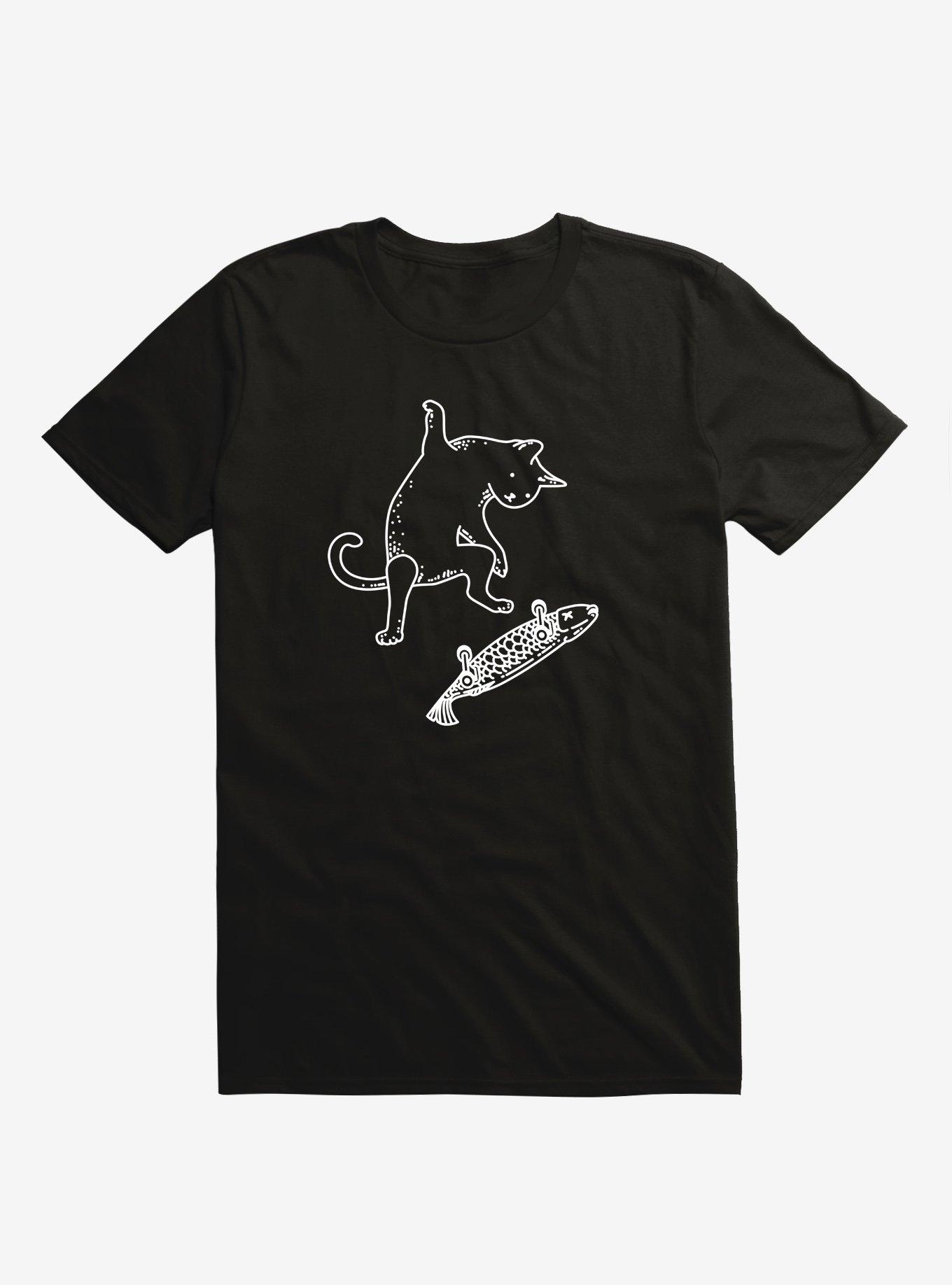 Street Cat Riding Fish Skateboard T-Shirt - BLACK