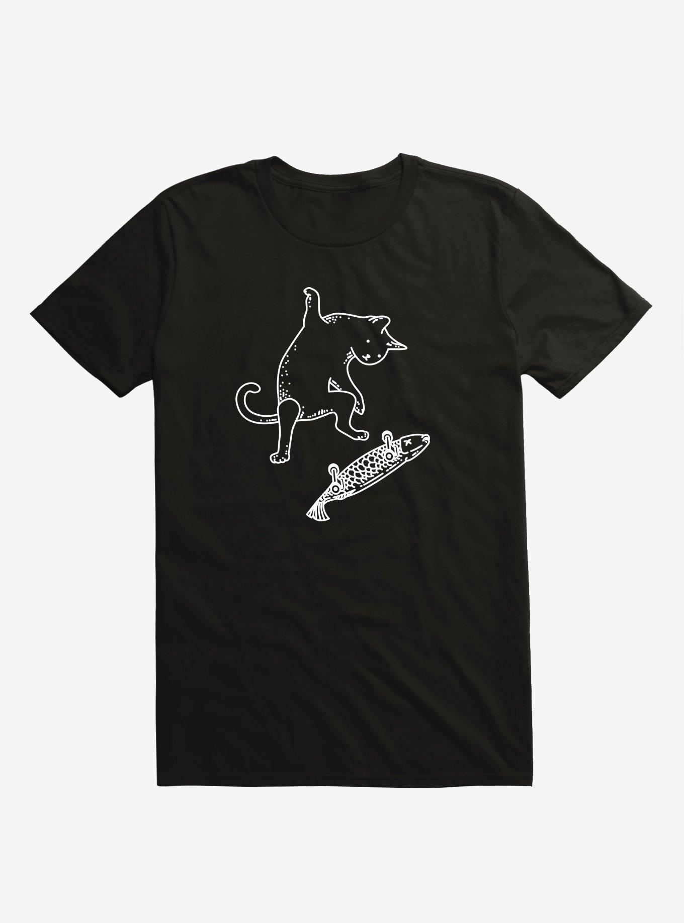 Street Cat Riding Fish Skateboard T-Shirt, BLACK, hi-res