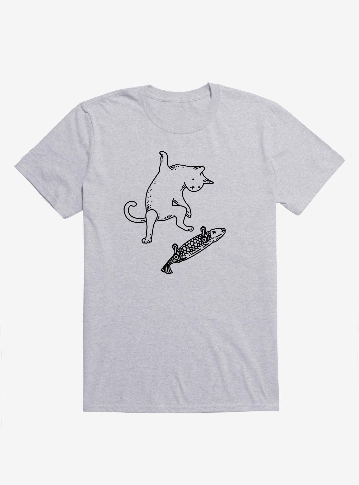 Street Cat Riding Fish Skateboard T-Shirt - GREY