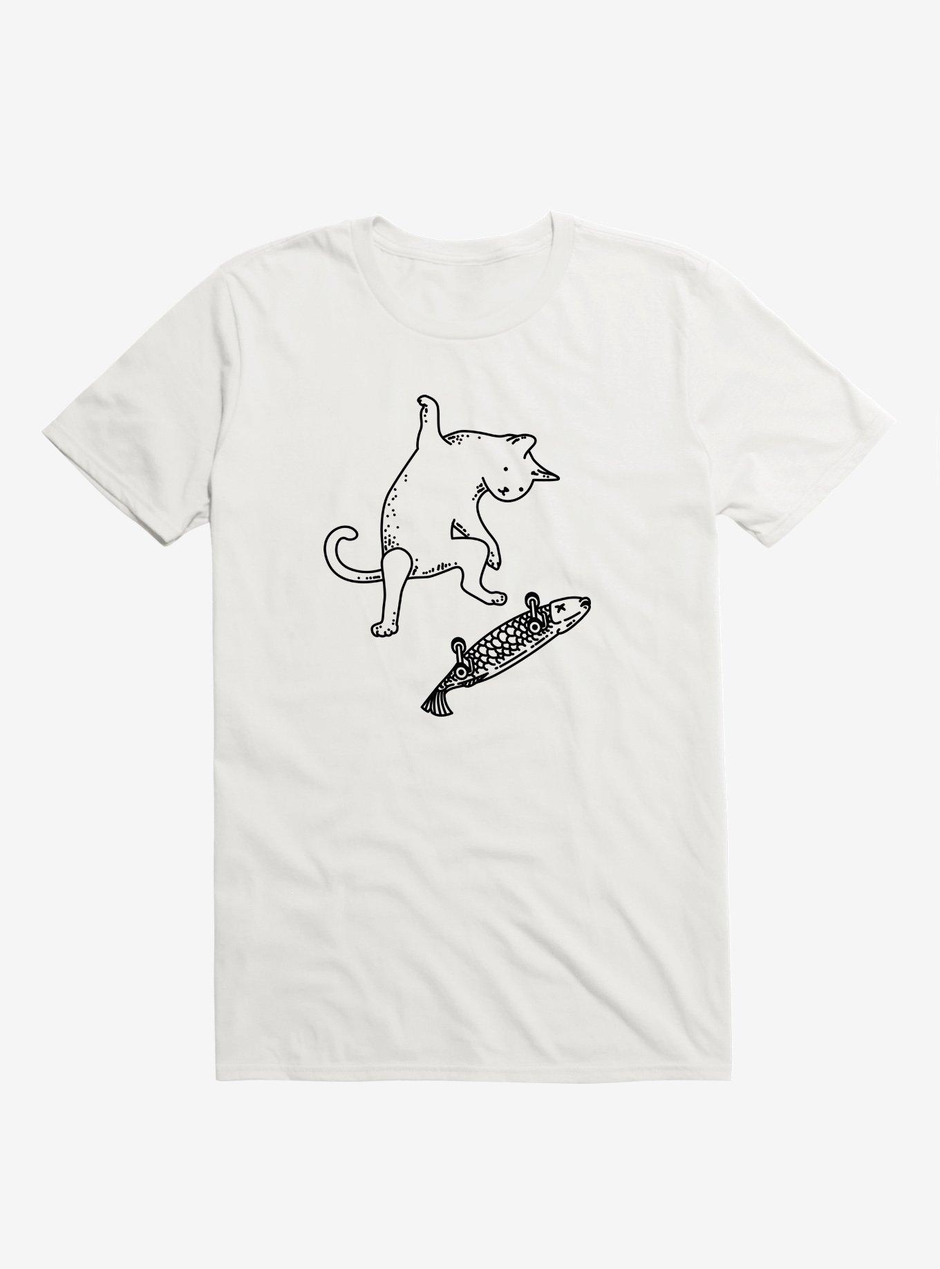 Street Cat Riding Fish Skateboard T-Shirt, WHITE, hi-res