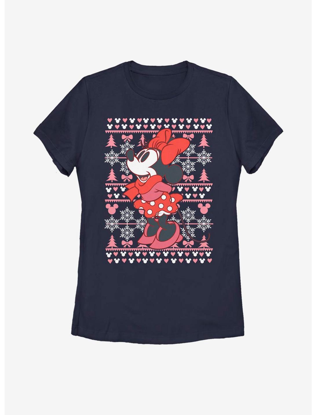 Disney Mickey Mouse Minnie Winter Christmas Pattern Womens T-Shirt, NAVY, hi-res