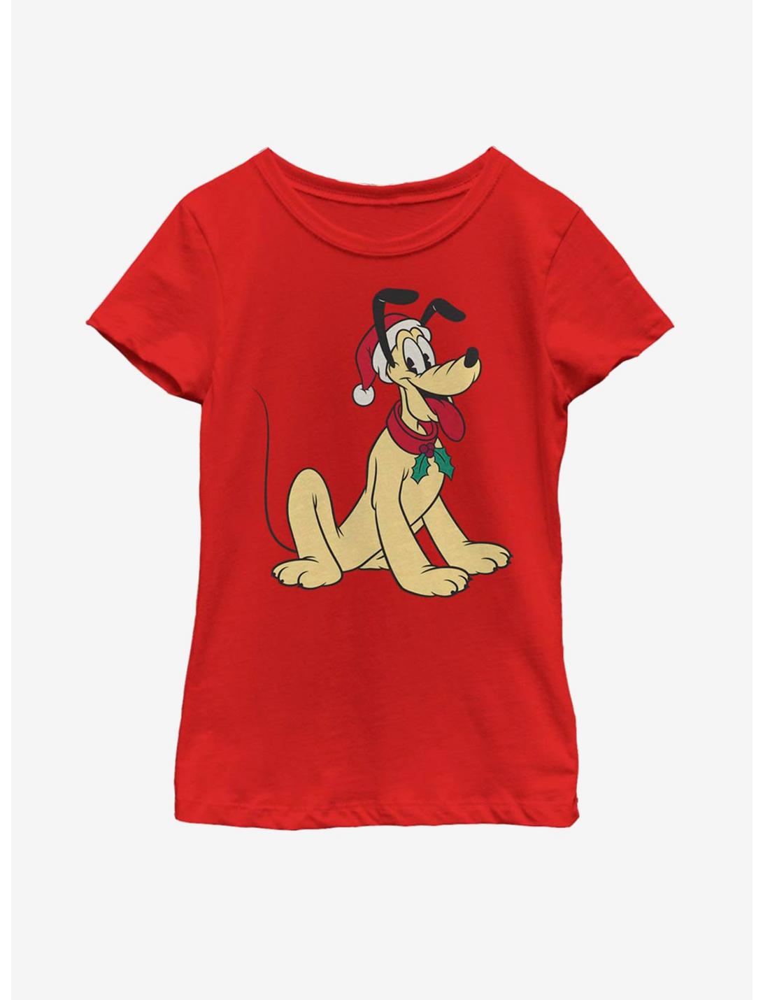 Disney Mickey Mouse Pluto Santa Hat Youth Girls T-Shirt, RED, hi-res