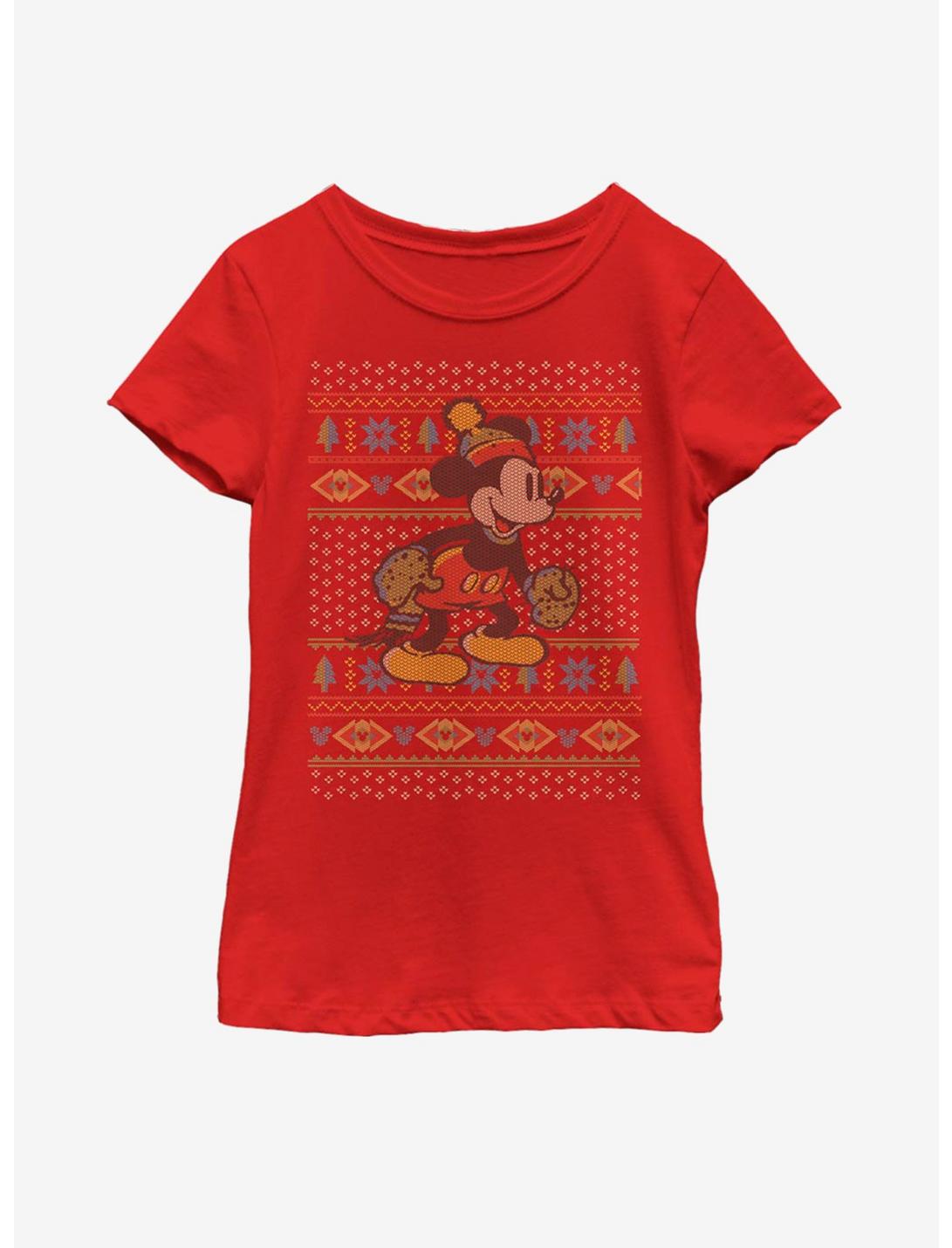 Disney Mickey Mouse Vintage Mickey Christmas Pattern Youth Girls T-Shirt, RED, hi-res