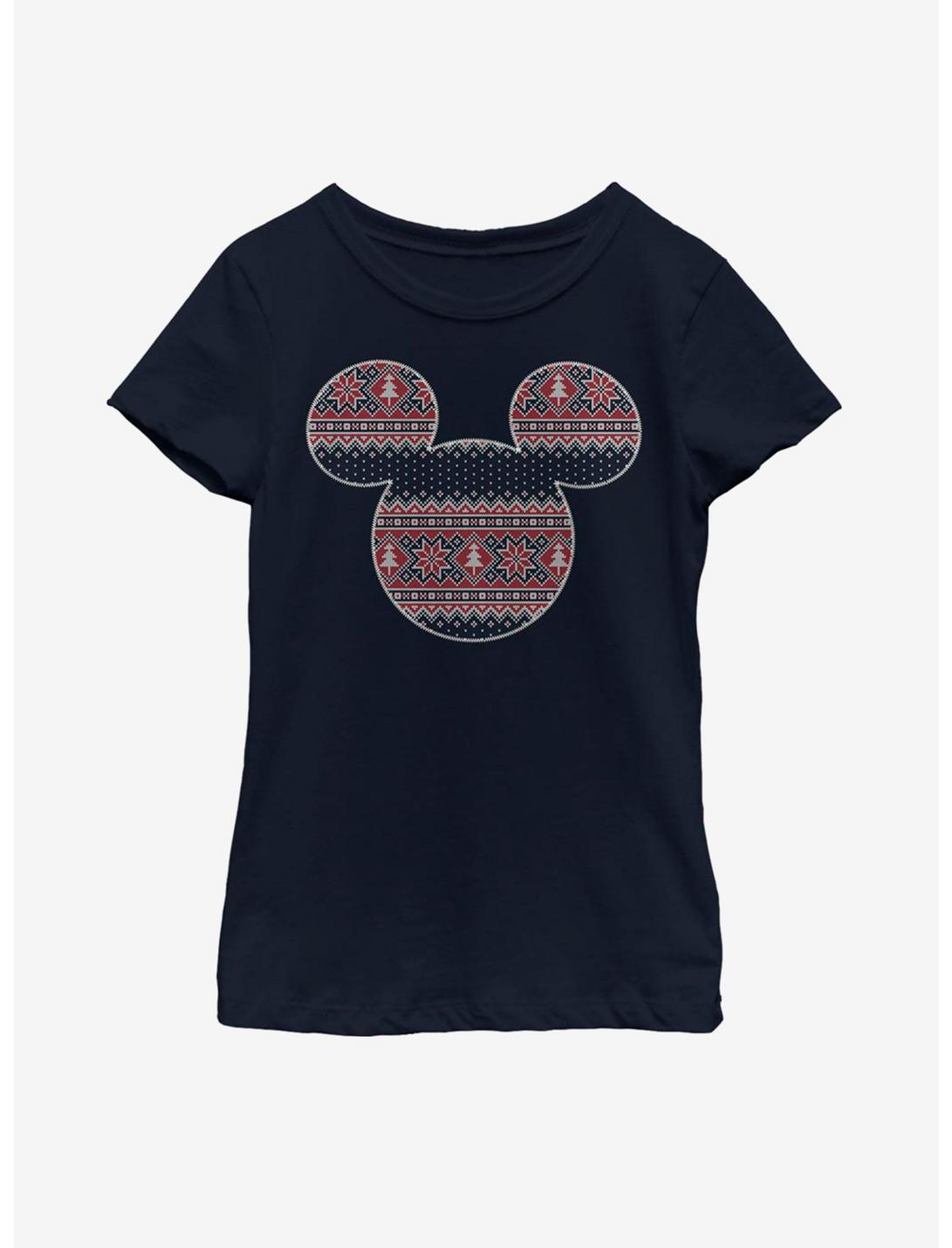 Disney Mickey Mouse Christmas Pattern Fill Mouse Youth Girls T-Shirt, NAVY, hi-res