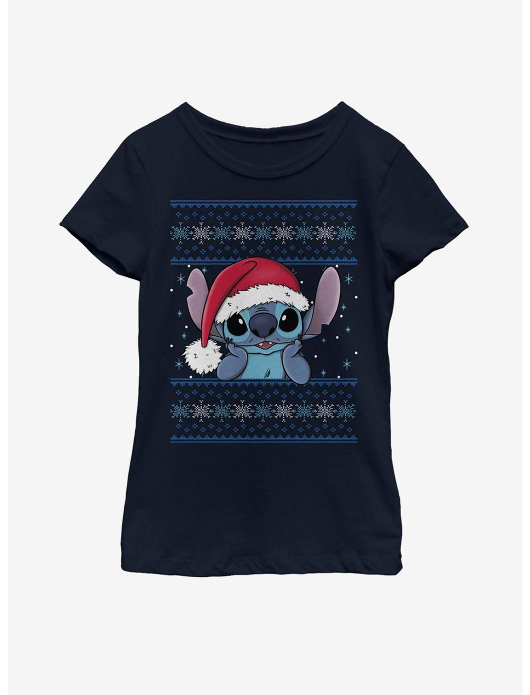 Disney Lilo And Stitch Santa Stitch Holiday Pattern Youth Girls T-Shirt, NAVY, hi-res