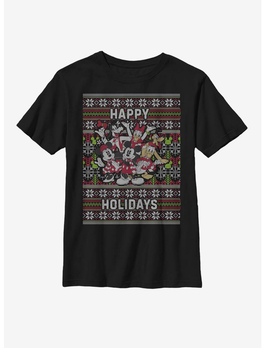 Disney Mickey Mouse Whole Gang Christmas Pattern Youth T-Shirt, BLACK, hi-res