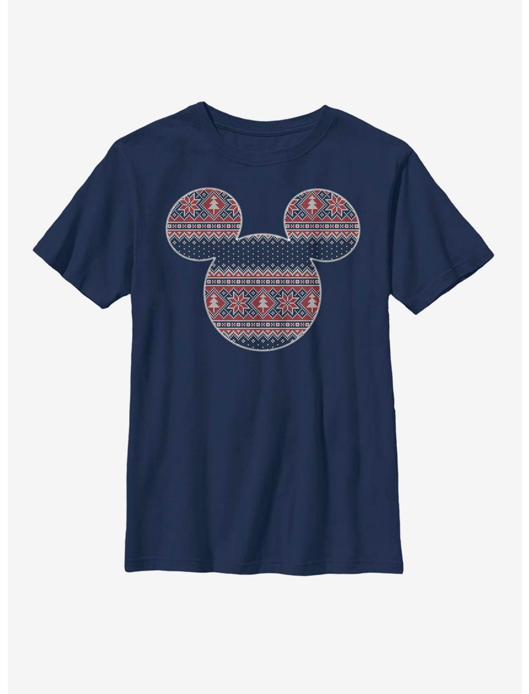 Disney Mickey Mouse Christmas Pattern Fill Mouse Youth T-Shirt, NAVY, hi-res