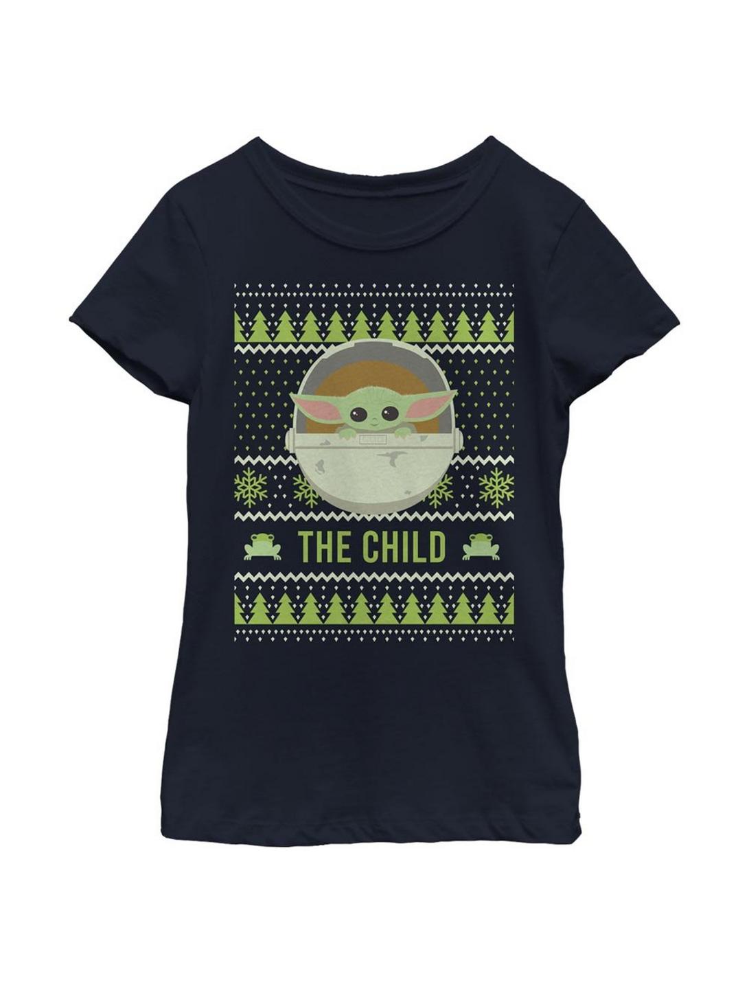 Star Wars The Mandalorian The Child Cute Holiday Pattern Youth Girls T-Shirt, NAVY, hi-res