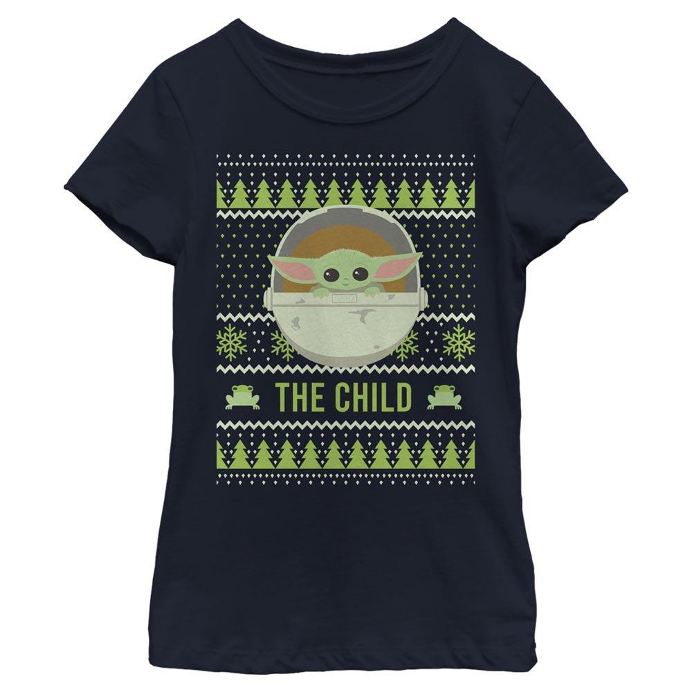 Star Wars The Mandalorian The Child Cute Holiday Pattern Youth Girls T-Shirt, NAVY, hi-res