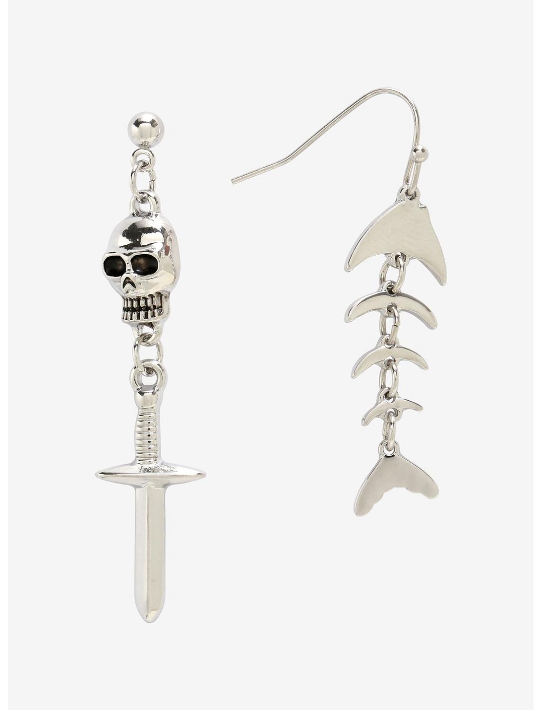Skull Dagger & Fishbone Mismatch Earrings, , hi-res