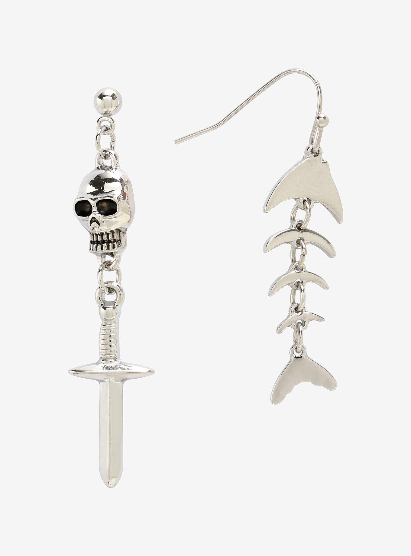 Skull Dagger & Fishbone Mismatch Earrings, , hi-res