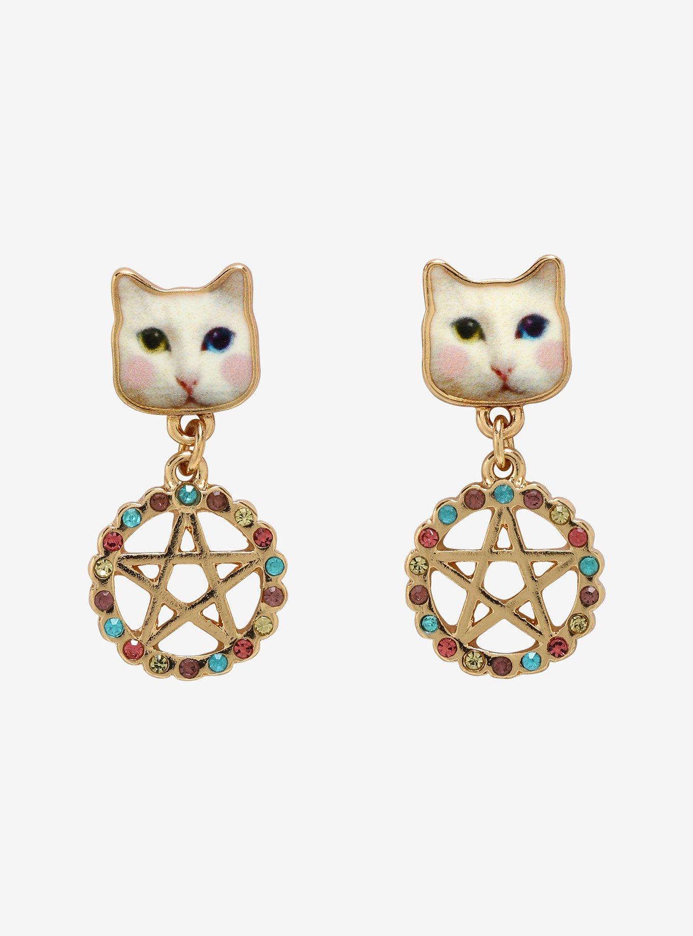 Cat CZ Pentagram Dangle Earrings, , hi-res