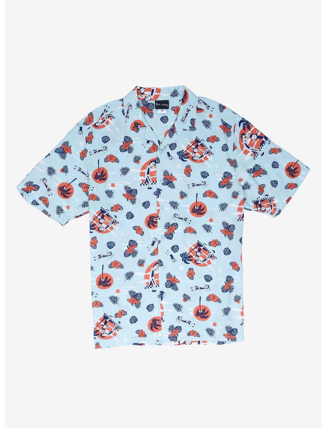 Rick and Morty Tropical Woven Button-Up - BoxLunch Exclusive, BLUE, hi-res