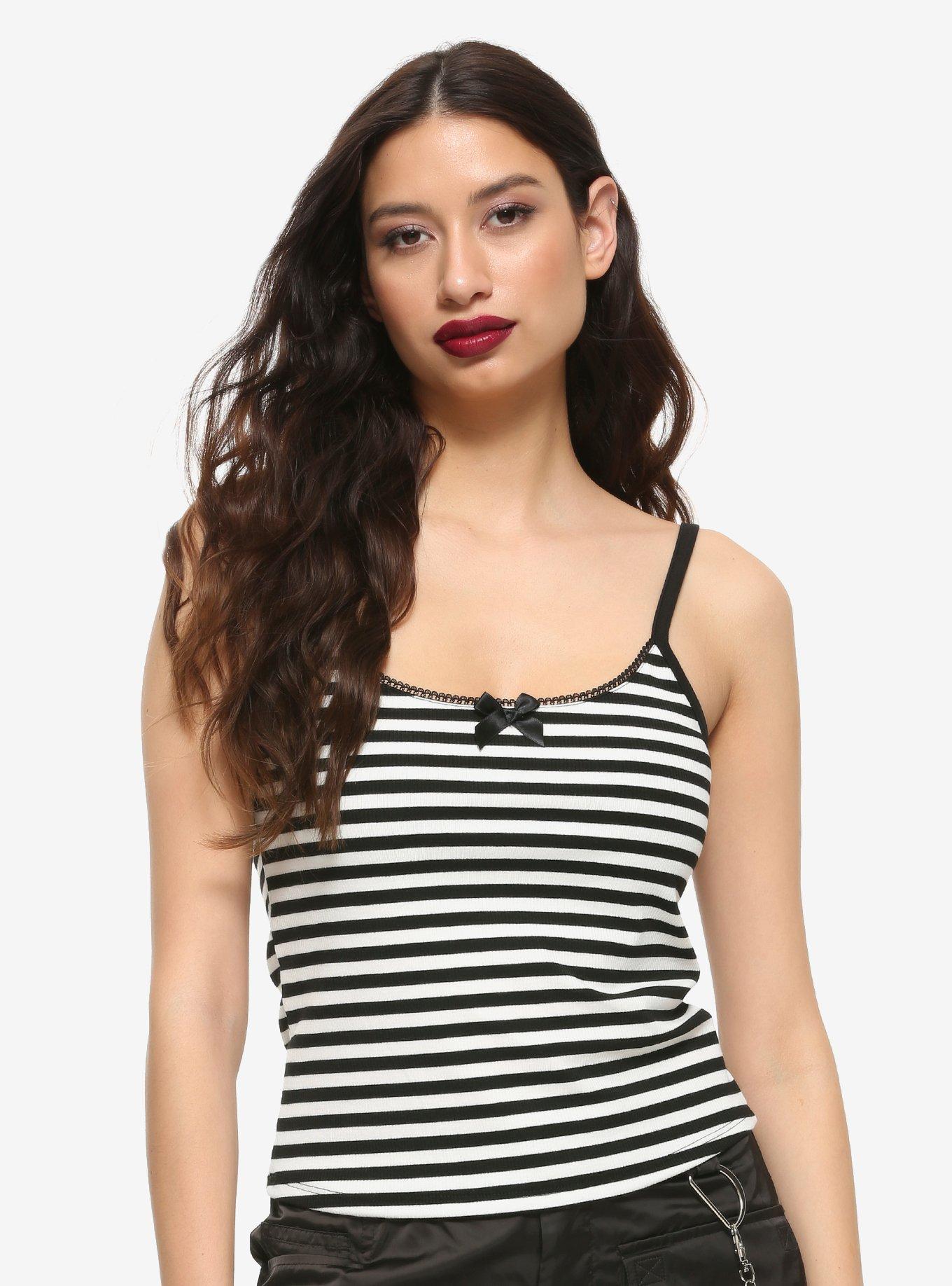 Black & White Stripe Girls Strappy Tank Top, WHITE, hi-res