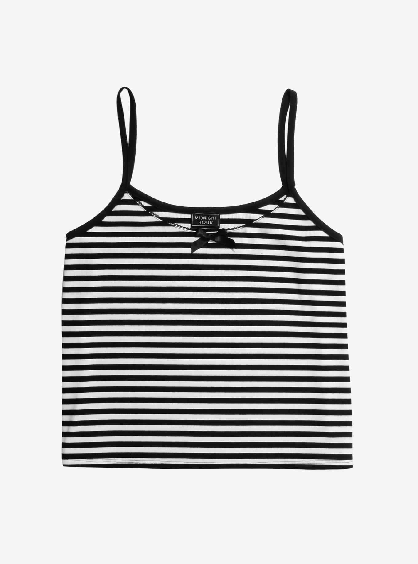 Black & White Stripe Bow Girls Strappy Tank Top Plus Size, WHITE, hi-res