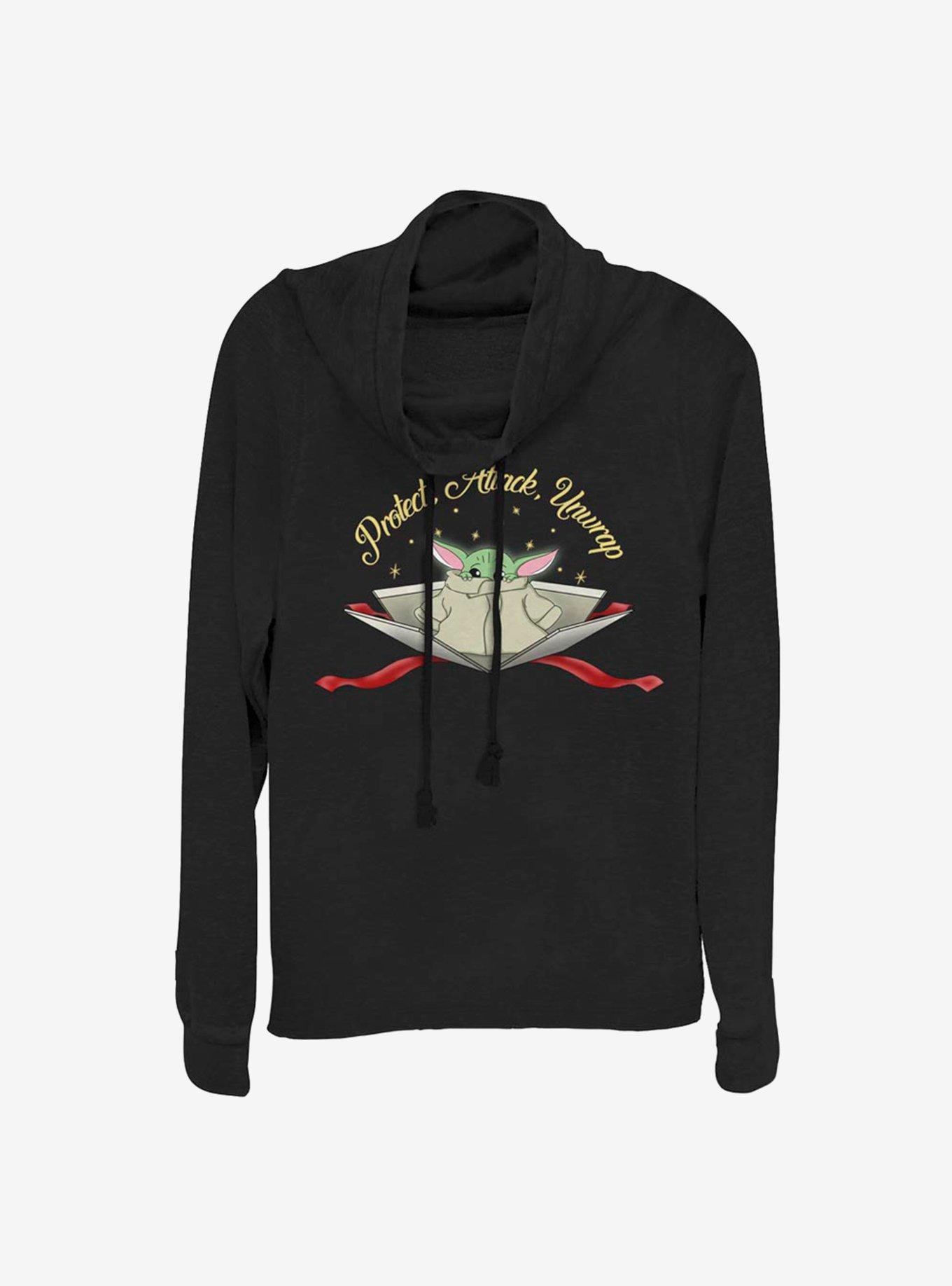 Star Wars The Mandalorian The Child Protect Attack Unwrap Cowlneck Long-Sleeve Girls T-Shirt, BLACK, hi-res