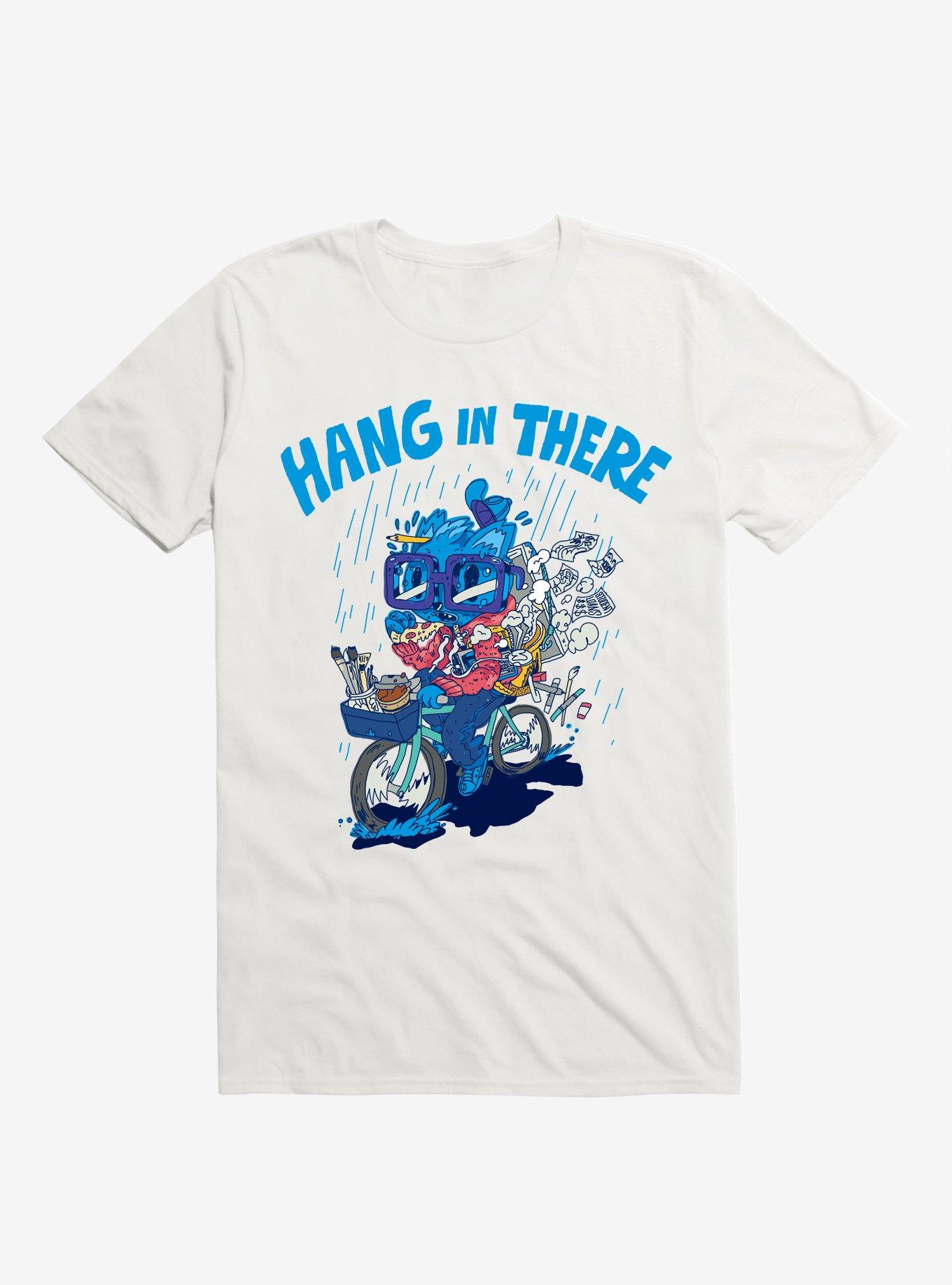 Hang In There! Bicycle Cat White T-Shirt, WHITE, hi-res